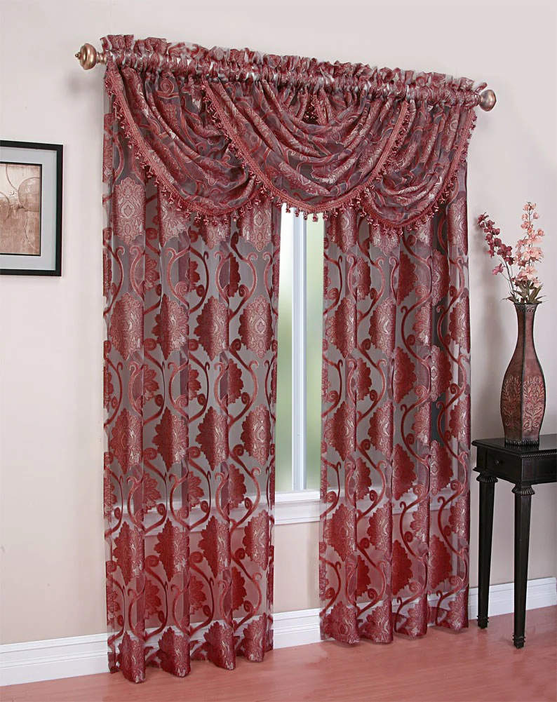 Milawi Jacquard Sheer Rod Pocket Panel And Valance Treatments, Burgundy - Image 2