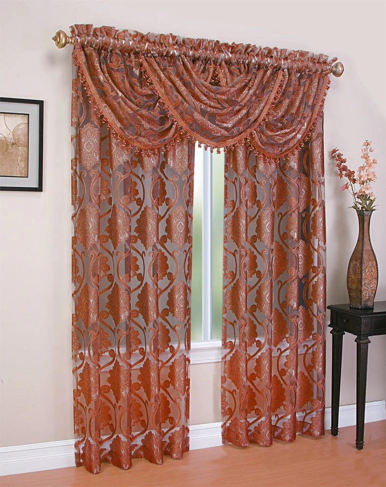 Milawi Jacquard Sheer Rod Pocket Panel And Valance Treatments, Persimmon - Image 3