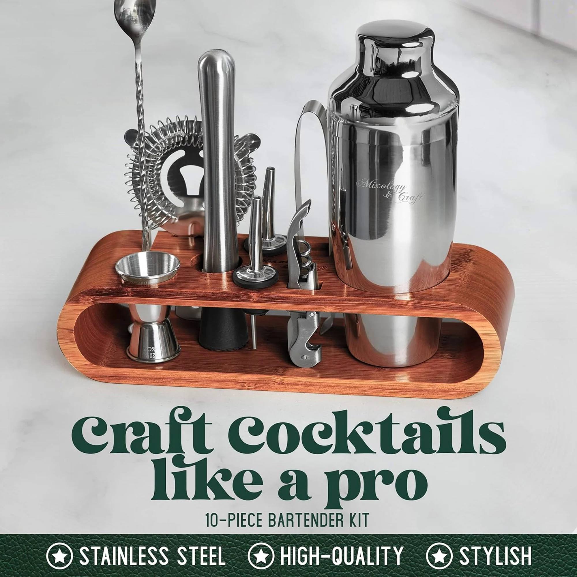 Mixology & Craft Bartender Kit: 10-Piece Bar Tool Set with Mahogany Stand, Silver - Image 2