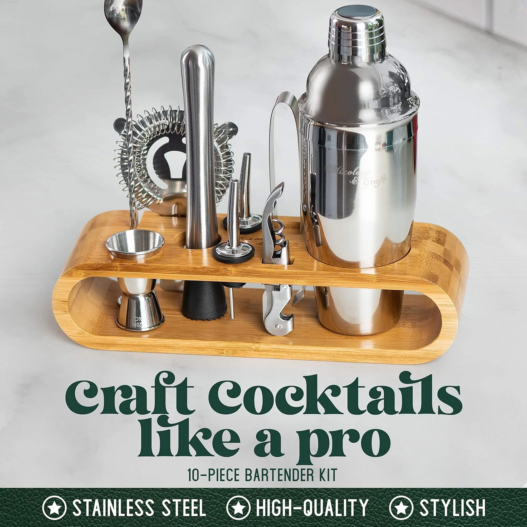 Mixology & Craft 10 Piece Bartender Kit Bar Tool Set with Bamboo Stand, Silver, 2.8 Ounces - Image 3