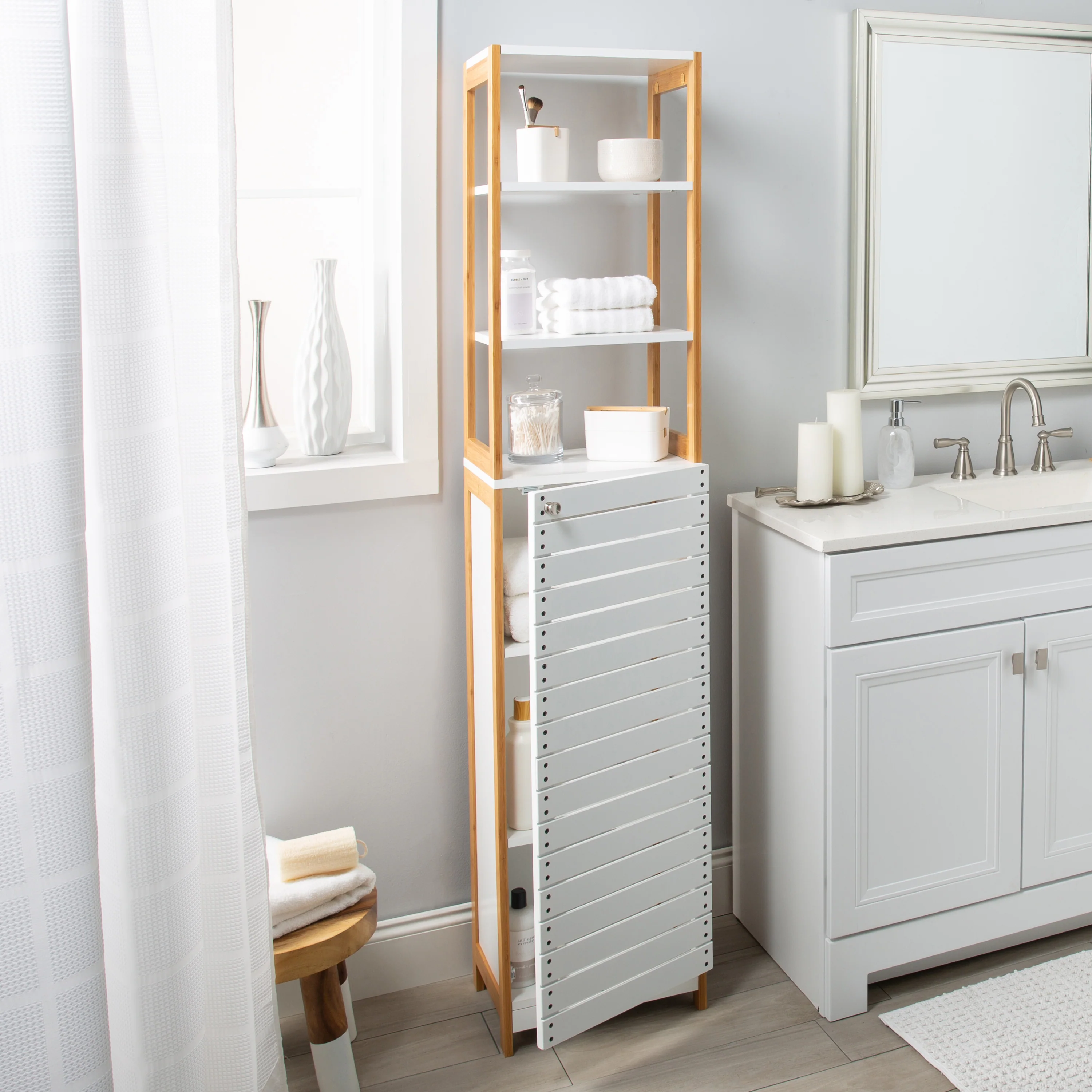 Neu Home 6 Shelf Bamboo High Cabinet in White - Image 3