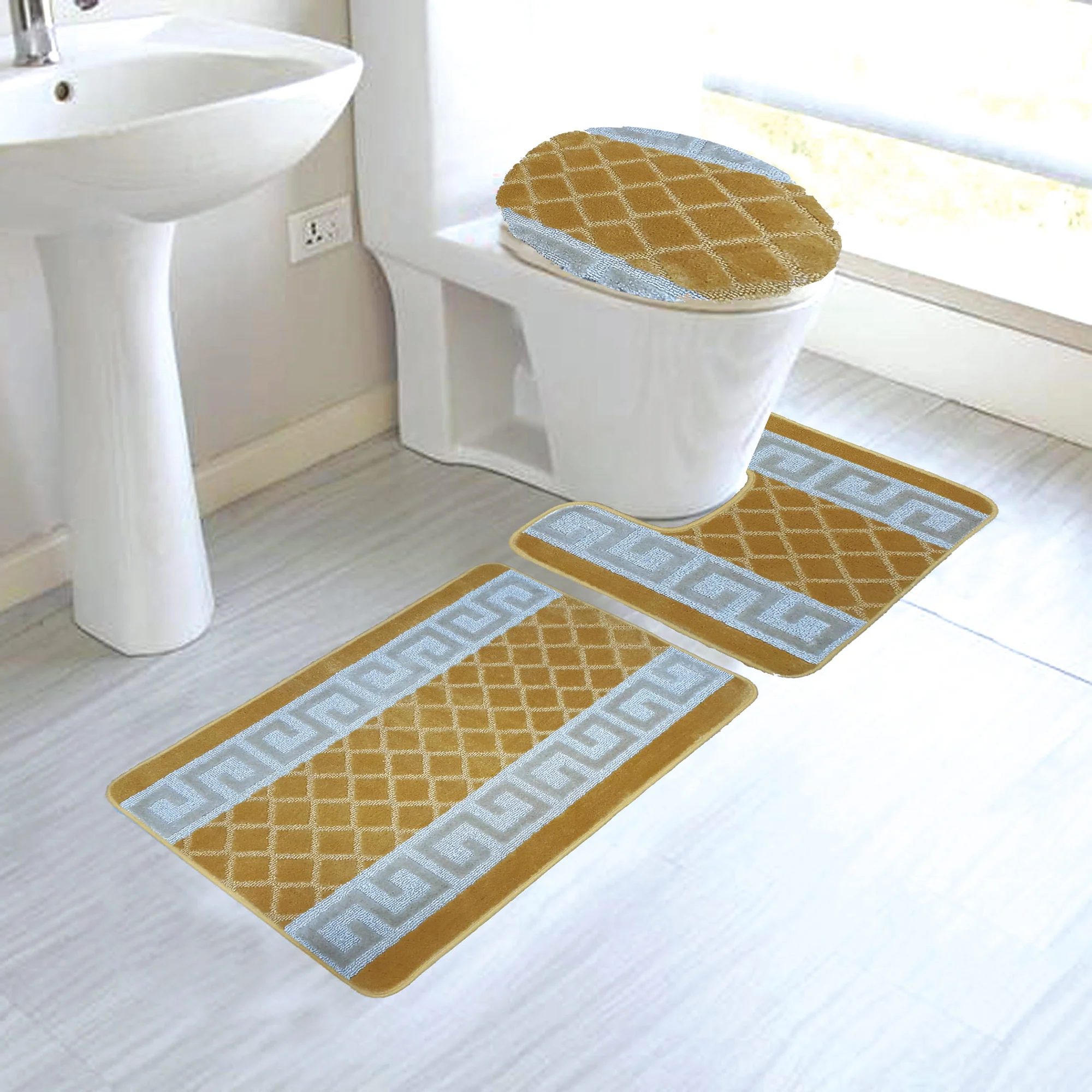 Nicole 3-Piece Mega Bath Mat Set, Greek Key Design, Gold