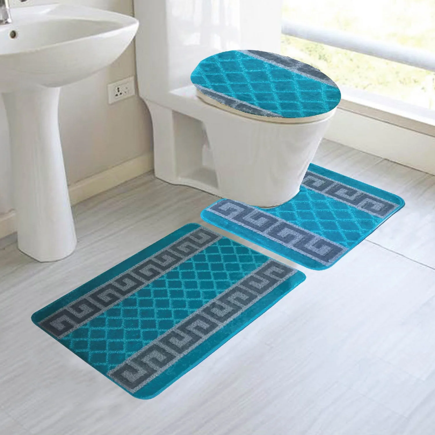 Nicole 3-Piece Mega Bath Mat Set, Greek Key Design, Teal