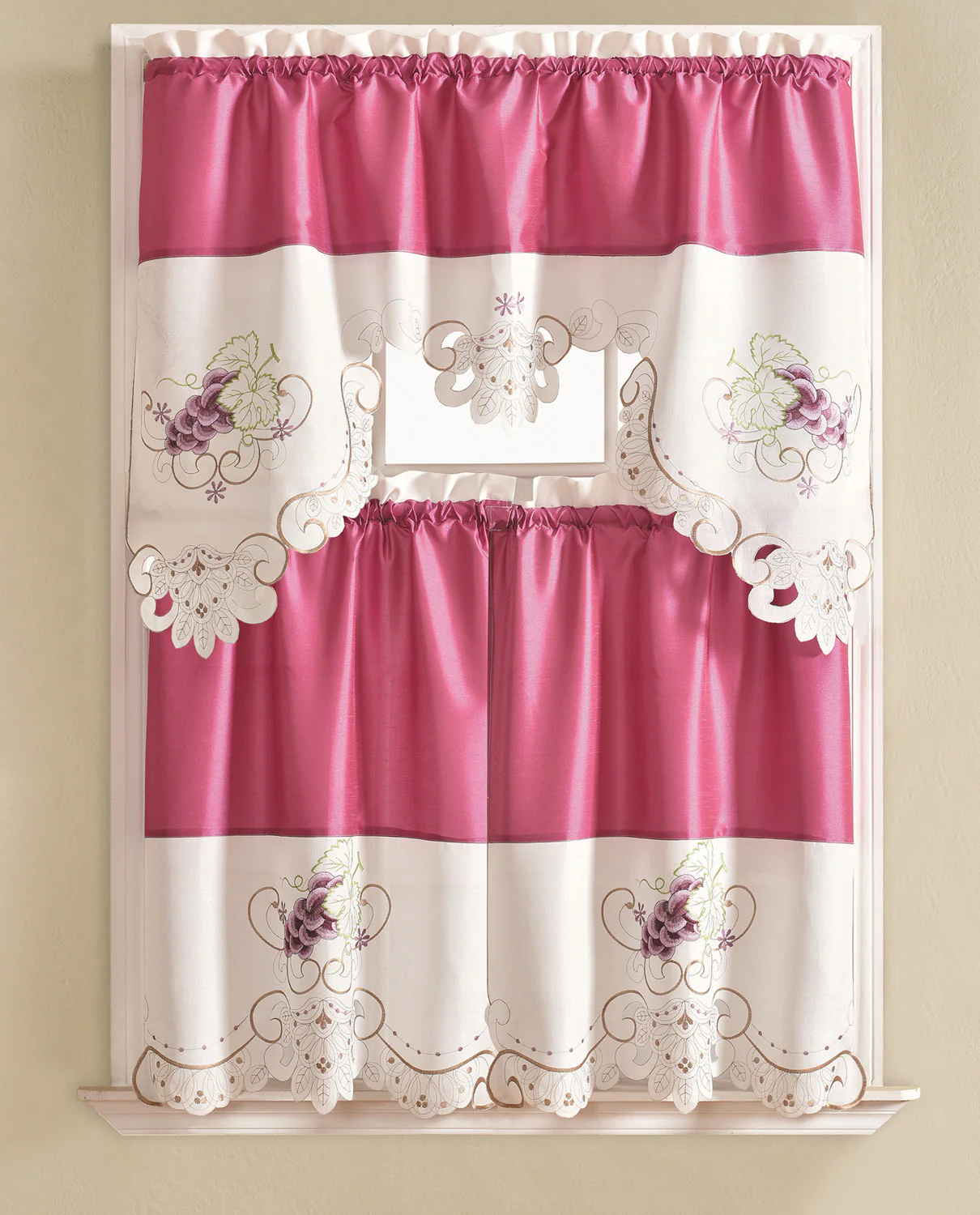 Noble Grape Embroidered Kitchen Curtain Set, Purple, Tier 30x36, Valance 60x36 Inches