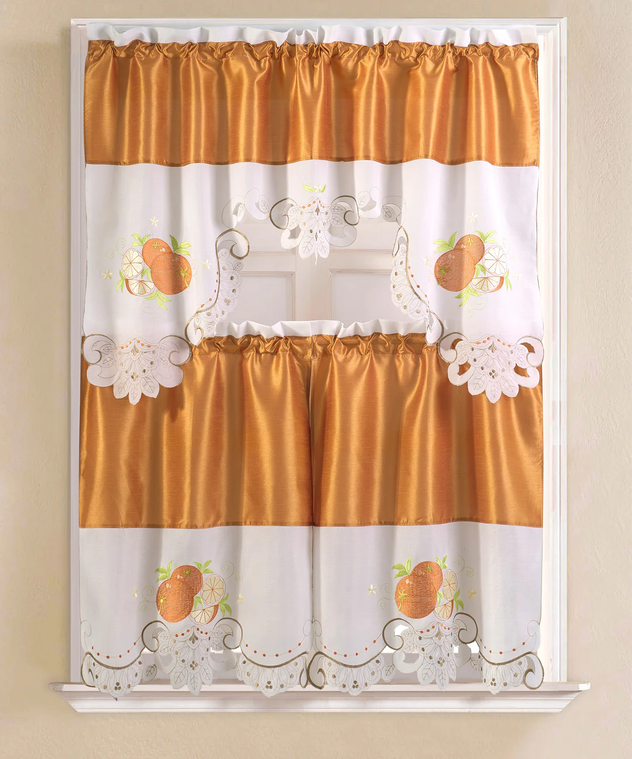 Noble Orange Embroidered Kitchen Curtain Set, Orange, Tier 30x36, Valance 60x36 Inches