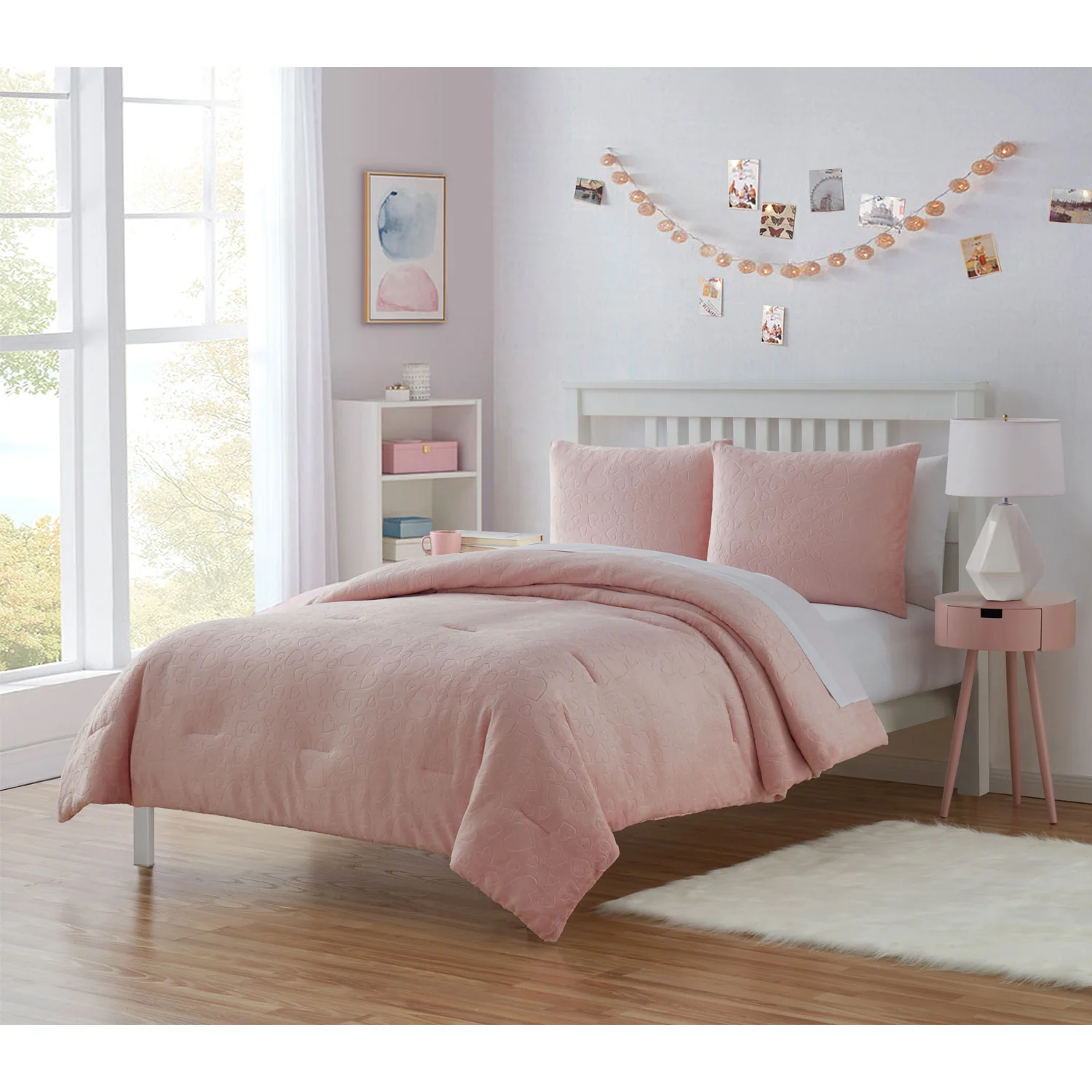 Olivia & Finn Plush Embossed Hearts Flannel Plush Microfiber Kids Comforter Set, Blush