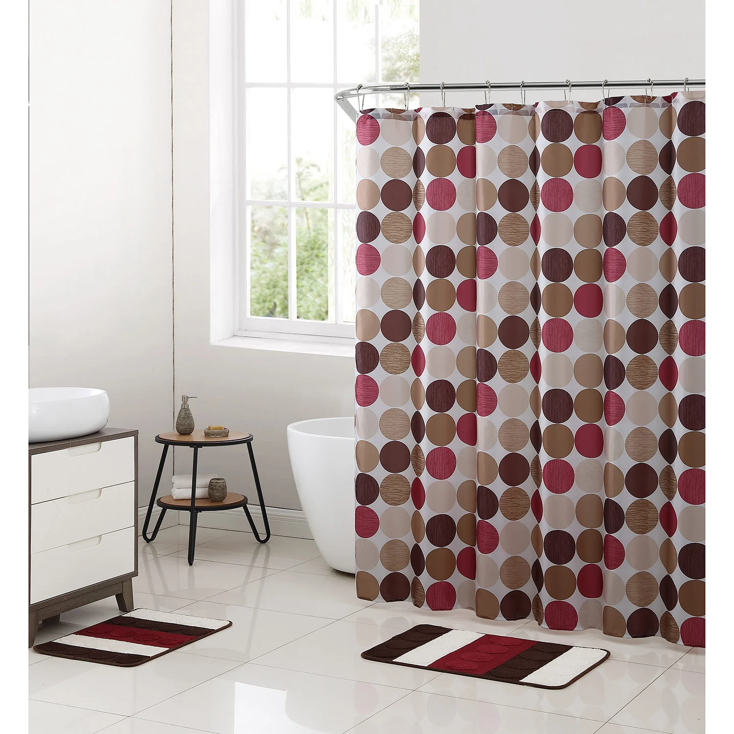 Orbit 15 Piece Bath Rug and Shower Curtain Set with Hooks, Brown-Cranberry-Cream-Tan