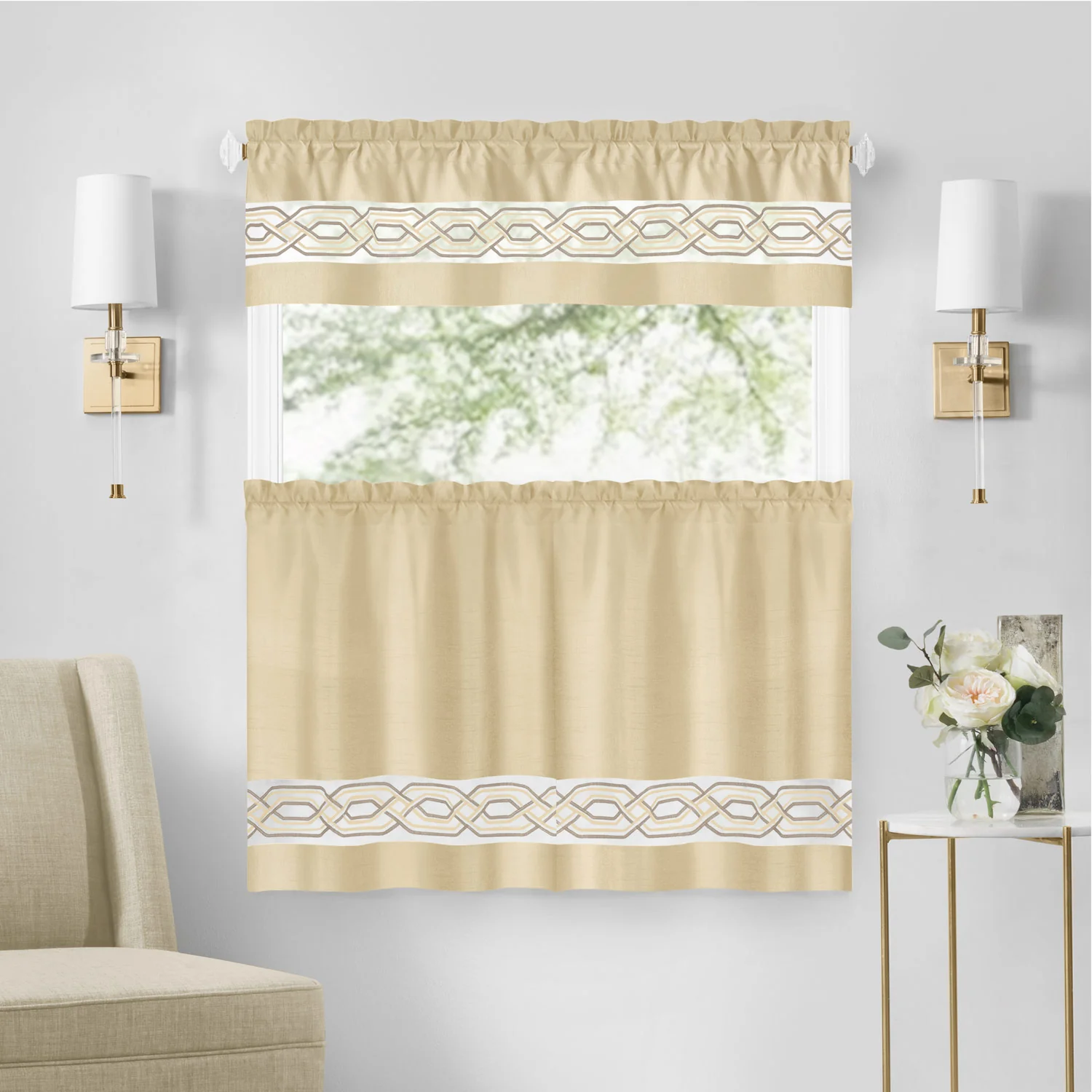 Paige Embroidered Kitchen Curtain and Valance Set, Tiers 55x36, Valance 55x13 Inches - Image 13
