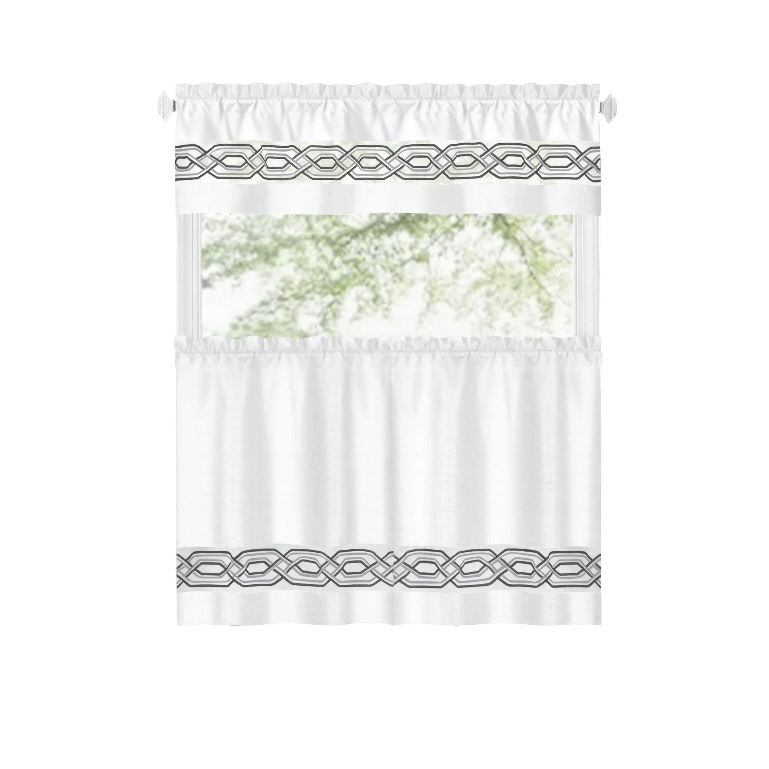 Paige Embroidered Kitchen Curtain and Valance Set, Tiers 55x36, Valance 55x13 Inches - Image 2