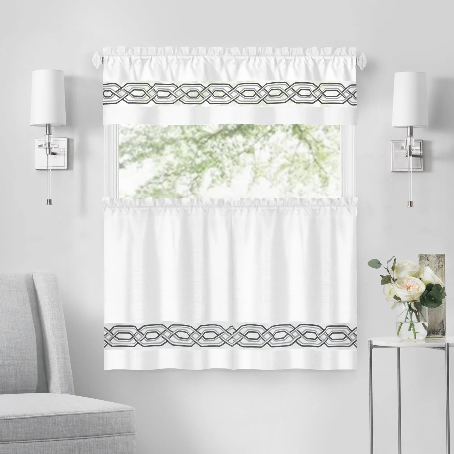 Paige Embroidered Kitchen Curtain and Valance Set, Tiers 55x36, Valance 55x13 Inches - Image 5