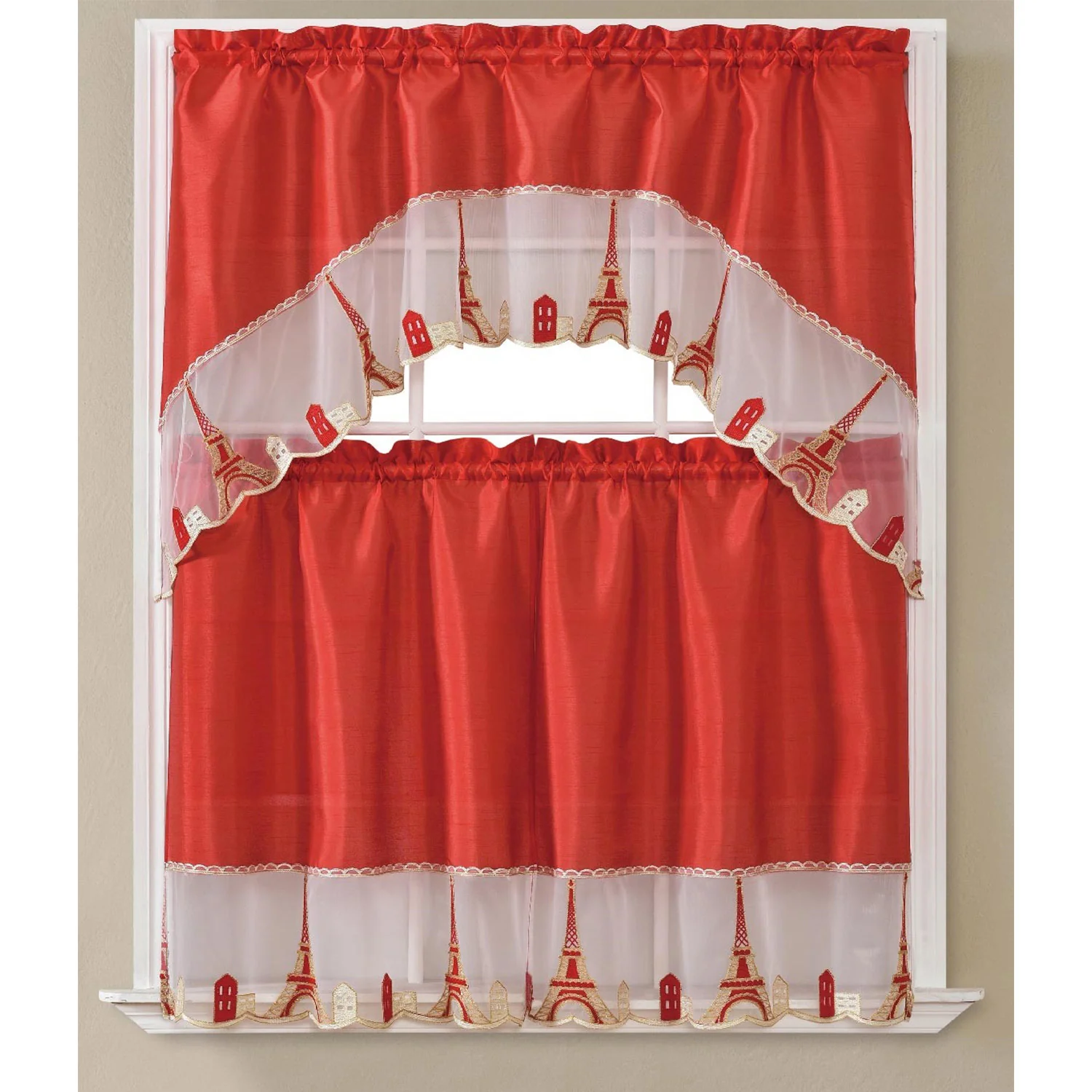 Paris Embroidered Kitchen Curtain Set, Swag 60x36, 30x36 Inches - Image 4