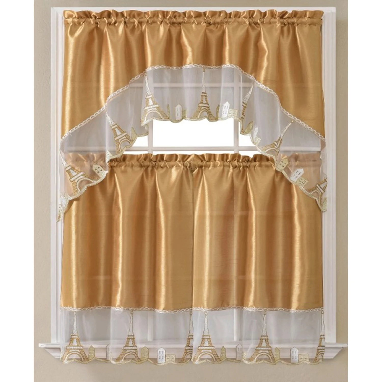Paris Embroidered Kitchen Curtain Set, Swag 60x36, 30x36 Inches - Image 5