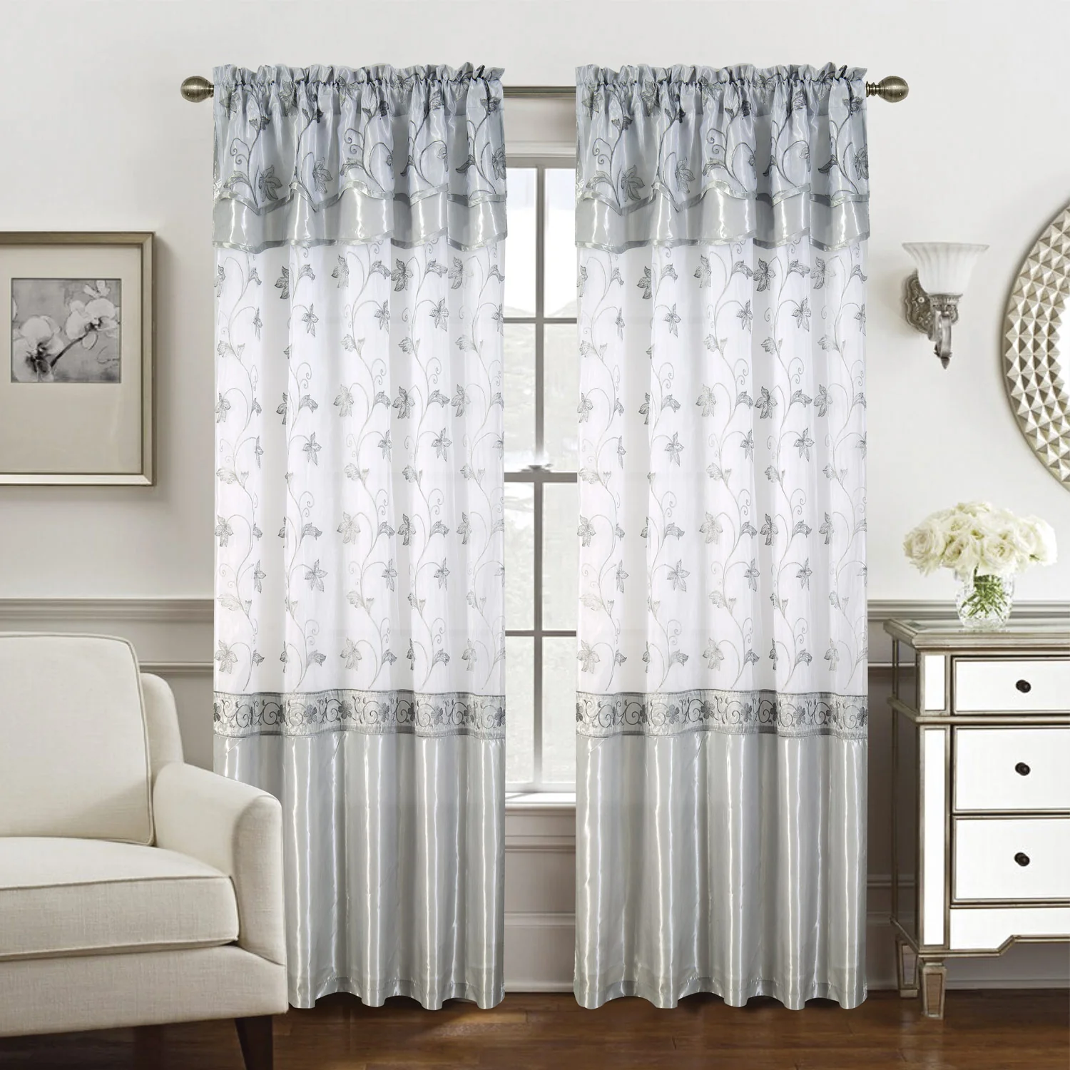 Pia Embroidered Rod Pocket Panel With Attached Valance and Backing, 54x90 Inches - Image 9