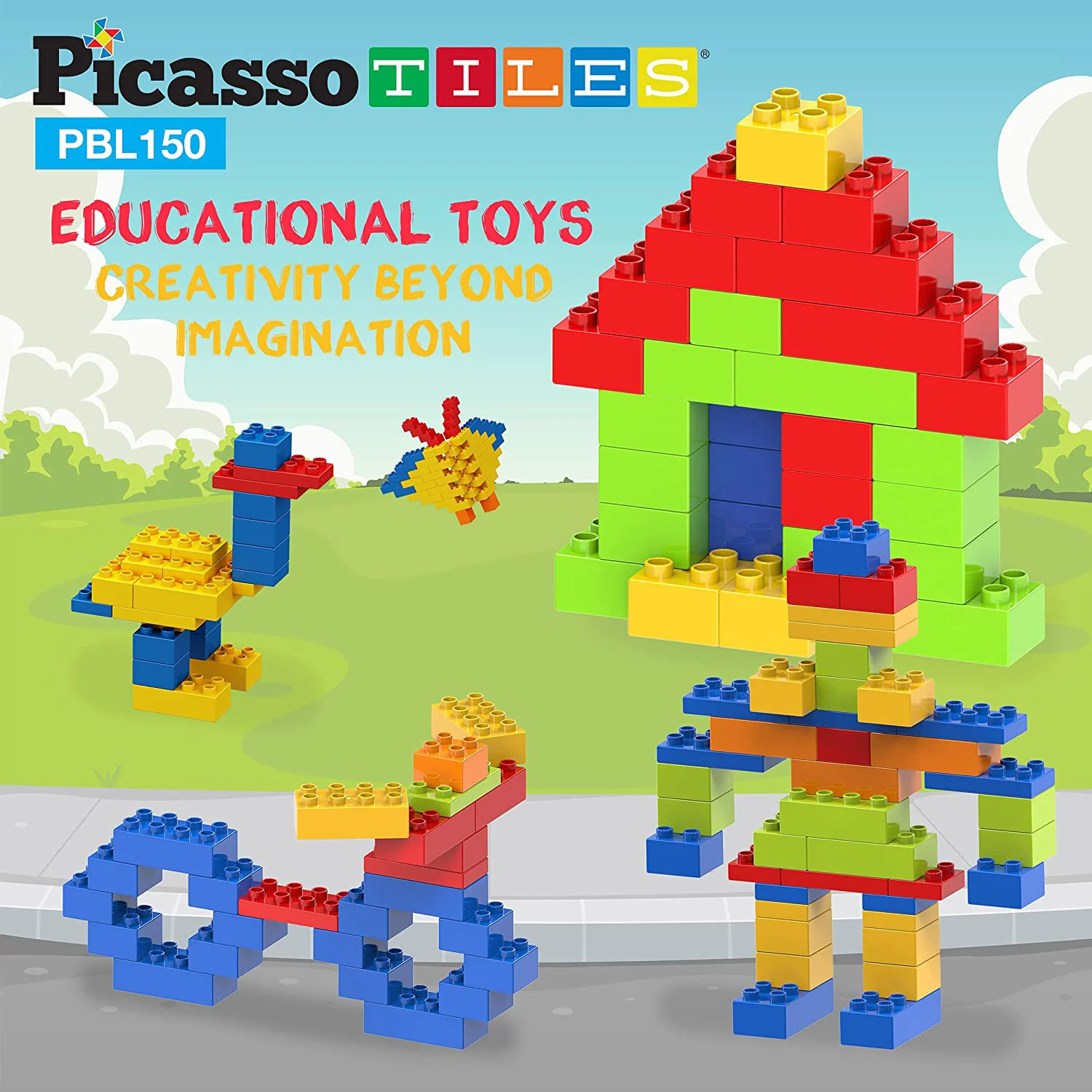 PicassoTiles 150 Piece Large Construction Brick Building Blocks STEM Bricks Toy Set, Multicolor - Image 3