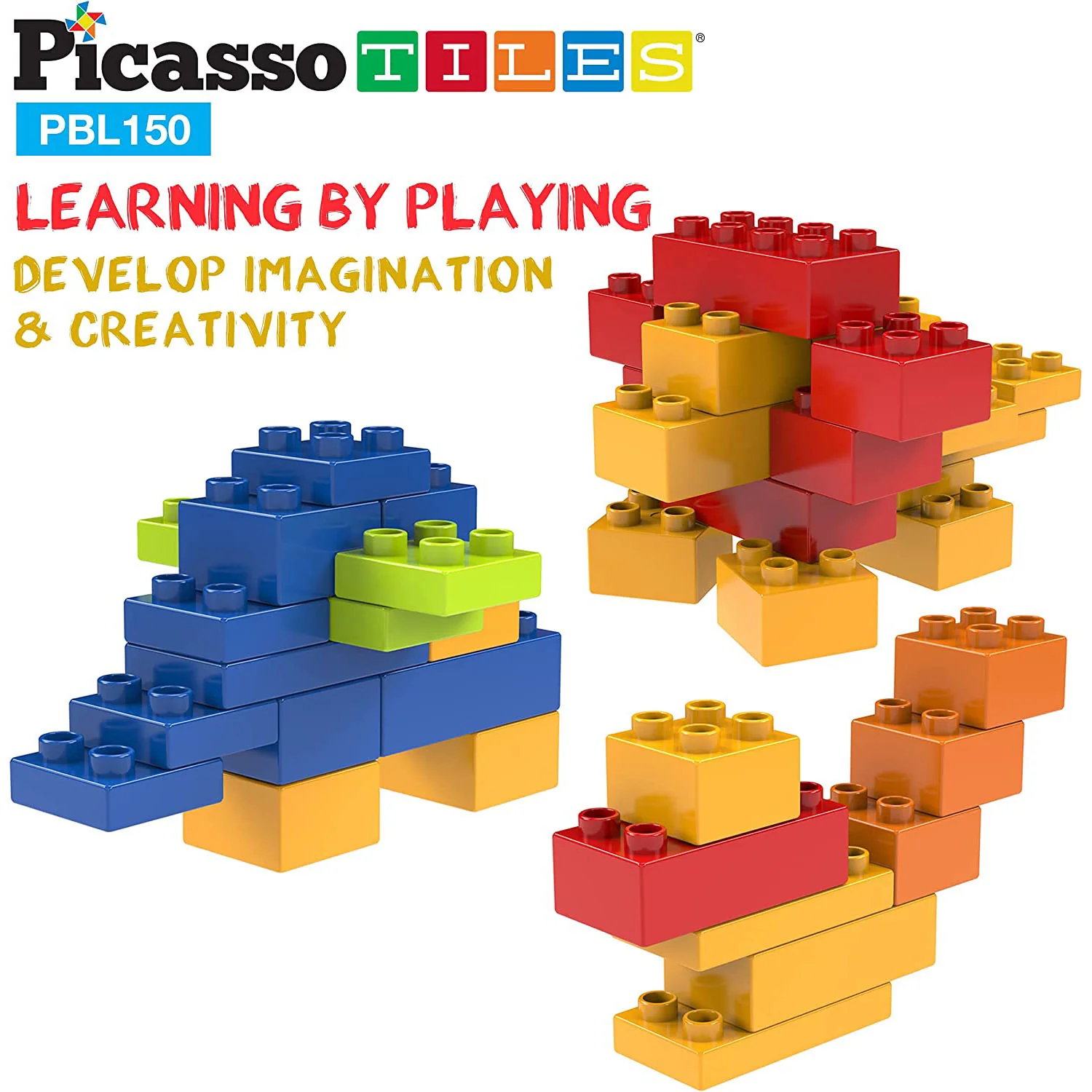 PicassoTiles 150 Piece Large Construction Brick Building Blocks STEM Bricks Toy Set, Multicolor - Image 4