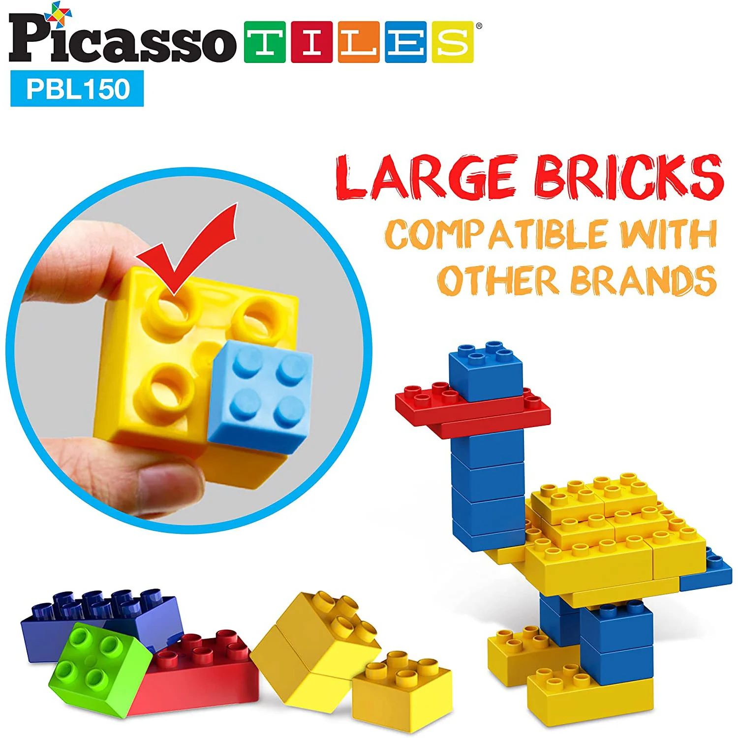 PicassoTiles 150 Piece Large Construction Brick Building Blocks STEM Bricks Toy Set, Multicolor - Image 5