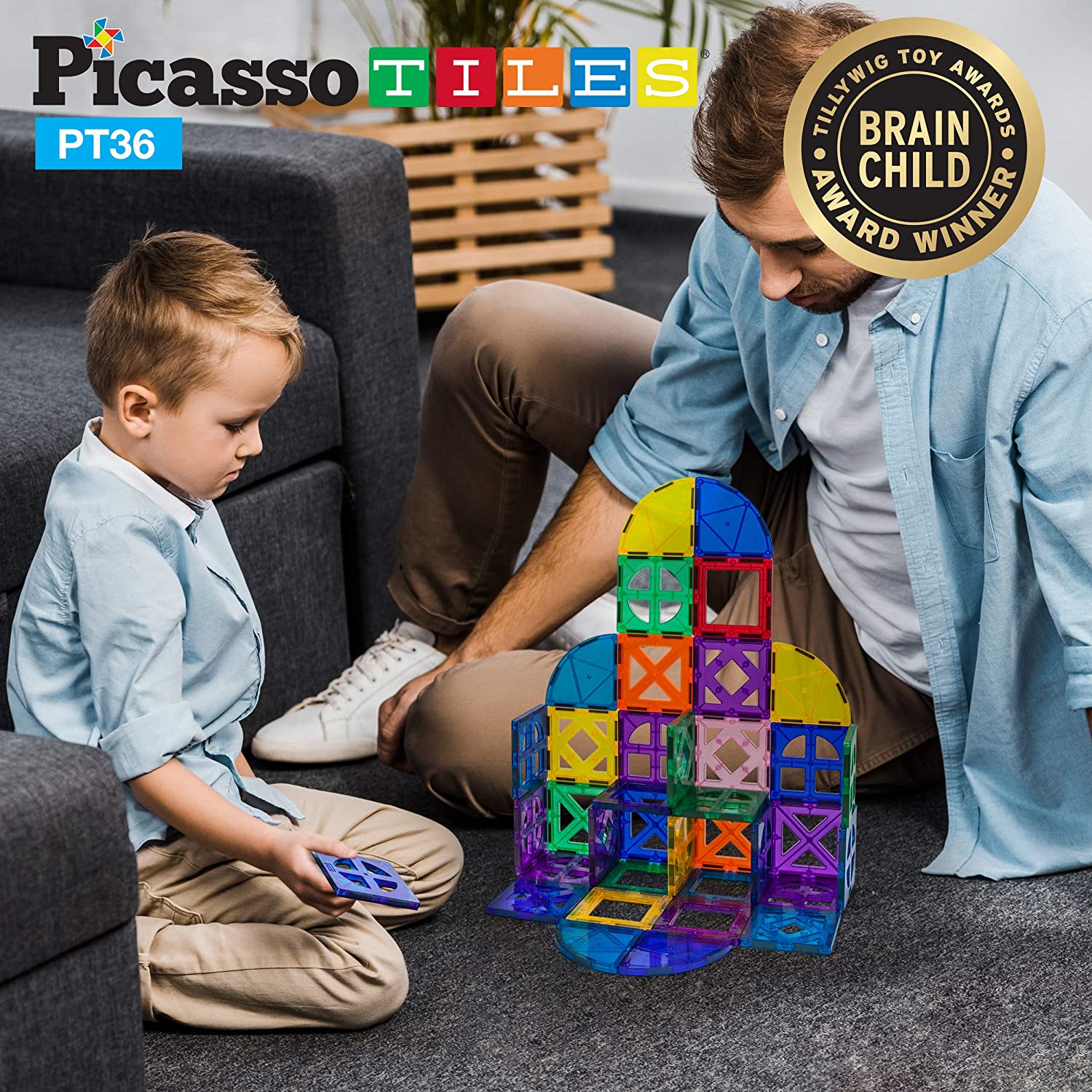 PicassoTiles 36 Piece Magnetic Building Block Quarter Round and Window Set - Image 2