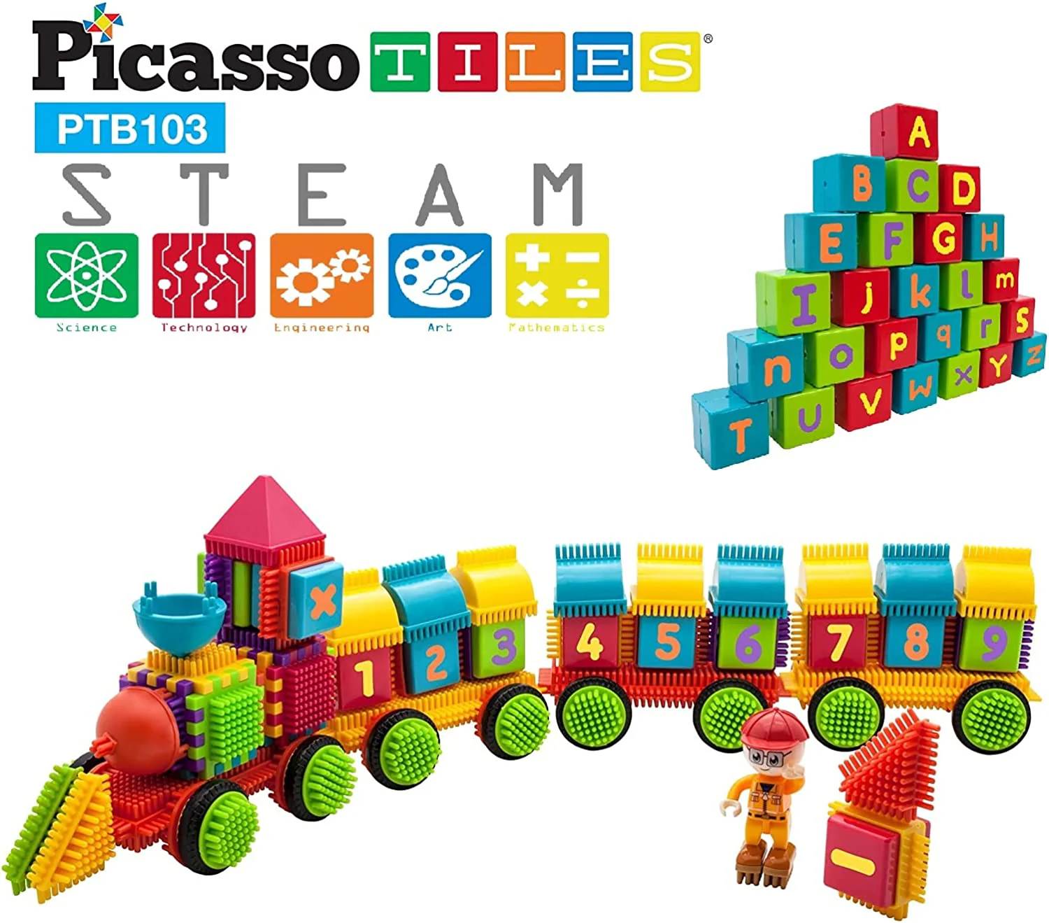 PicassoTiles PTB103 Alphabet & Numerical Train 103pc Bristle Lock Shape Blocks