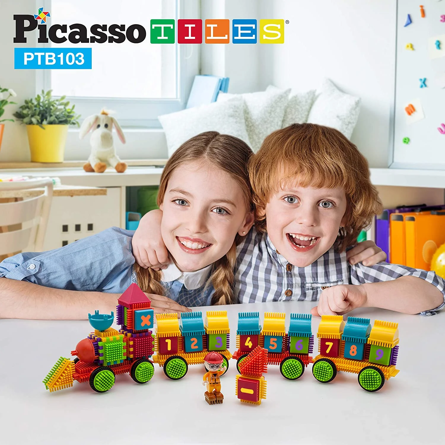 PicassoTiles PTB103 Alphabet & Numerical Train 103pc Bristle Lock Shape Blocks - Image 2