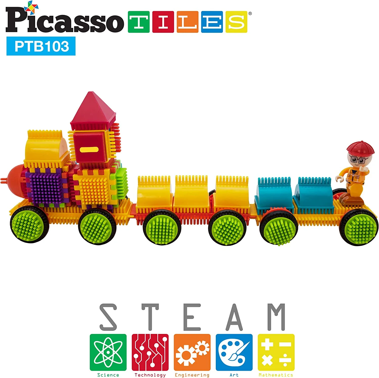 PicassoTiles PTB103 Alphabet & Numerical Train 103pc Bristle Lock Shape Blocks - Image 3
