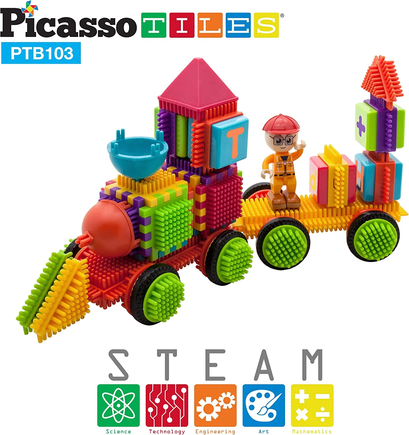 PicassoTiles PTB103 Alphabet & Numerical Train 103pc Bristle Lock Shape Blocks - Image 4