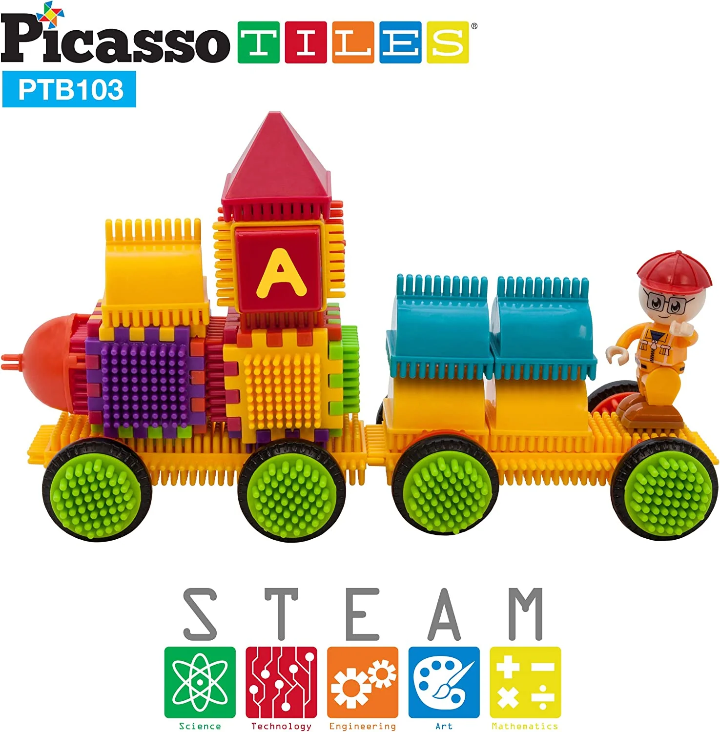 PicassoTiles PTB103 Alphabet & Numerical Train 103pc Bristle Lock Shape Blocks - Image 5