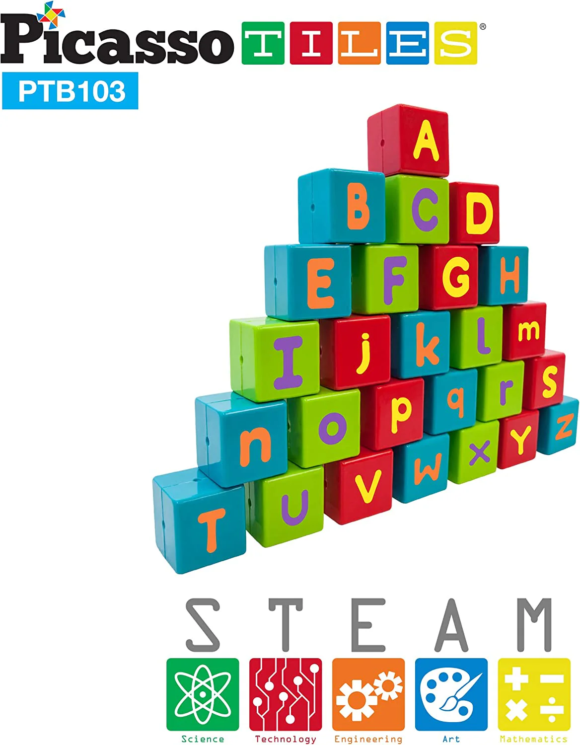 PicassoTiles PTB103 Alphabet & Numerical Train 103pc Bristle Lock Shape Blocks - Image 6