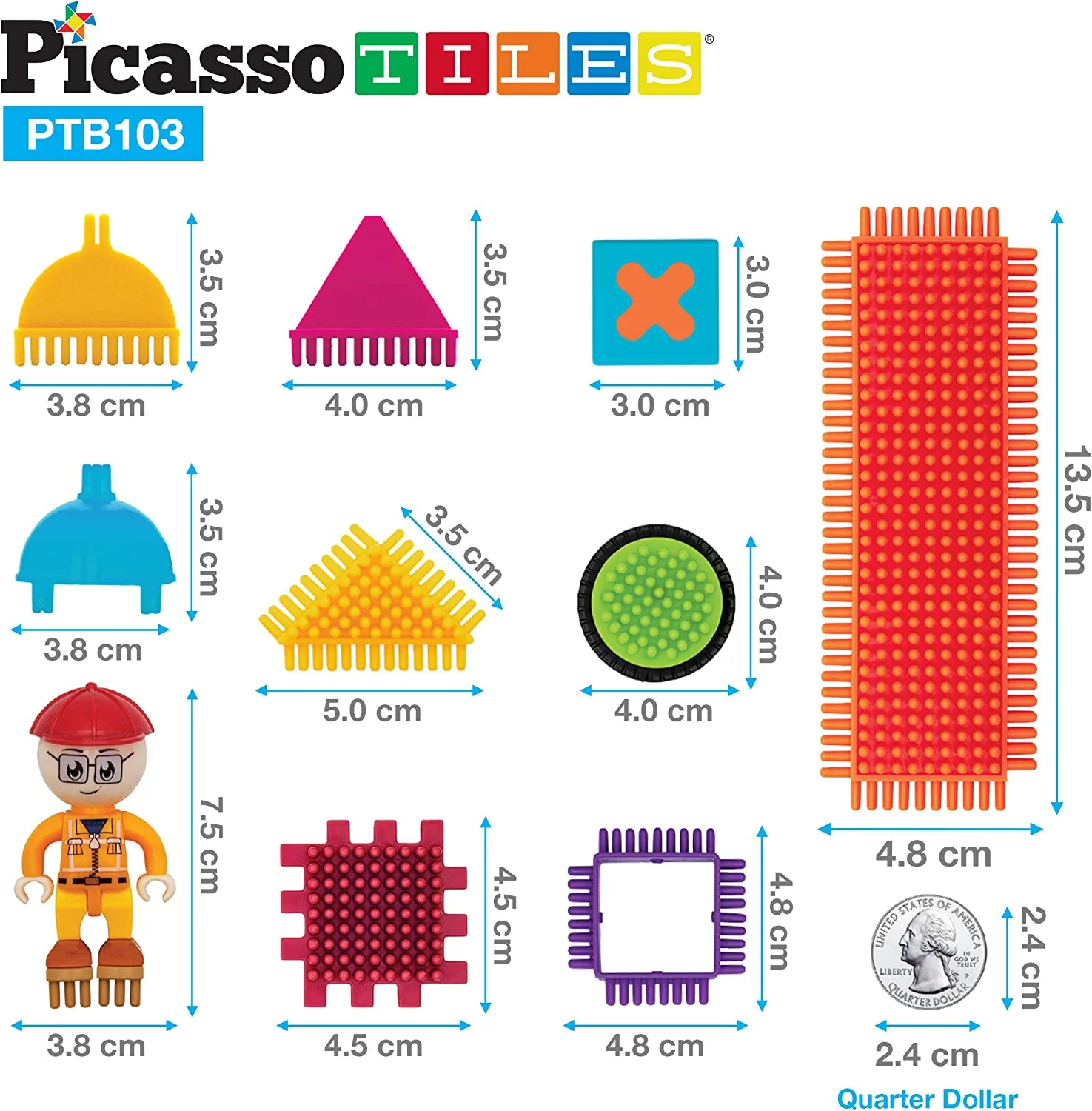 PicassoTiles PTB103 Alphabet & Numerical Train 103pc Bristle Lock Shape Blocks - Image 7