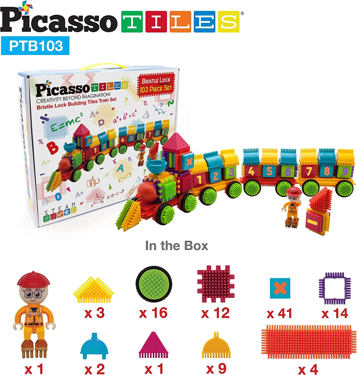 PicassoTiles PTB103 Alphabet & Numerical Train 103pc Bristle Lock Shape Blocks - Image 8