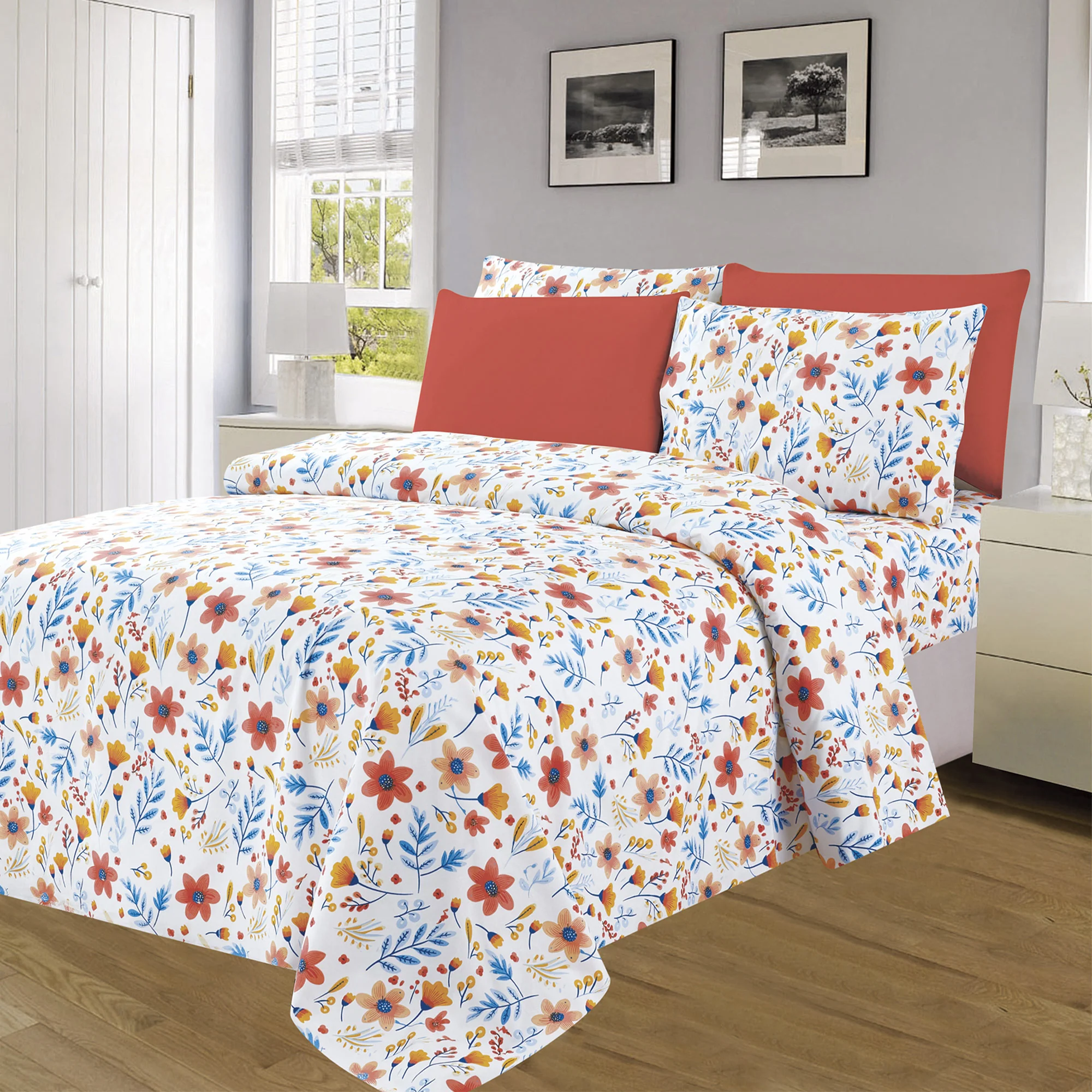 Premium Neutral 4 & 6 Piece Wrinkle-Free Sheet Set, Bloom Meadow - Image 2