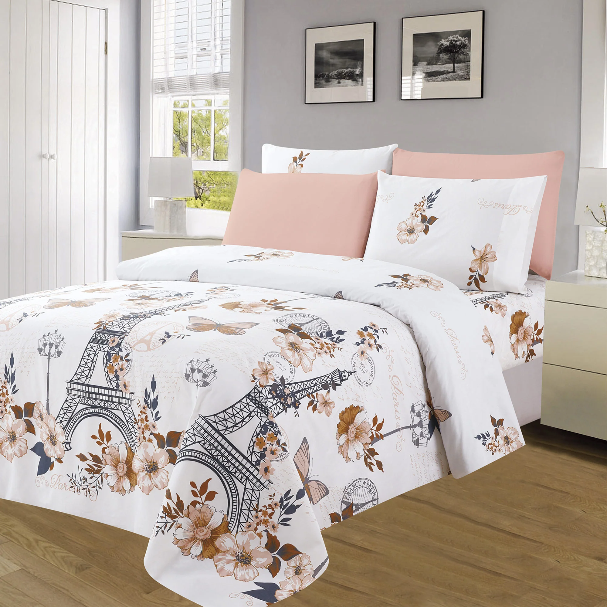 Premium Neutral 4 & 6 Piece Wrinkle-Free Sheet Set, Eifel Tower - Image 4