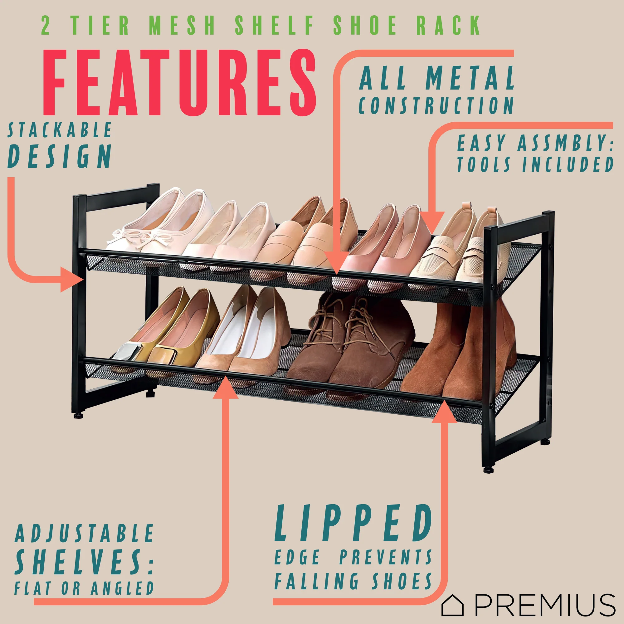 PREMIUS 2 Layer Stackable Mesh Shelf Shoe Rack, Black, 29x12x16.5 Inches - Image 2