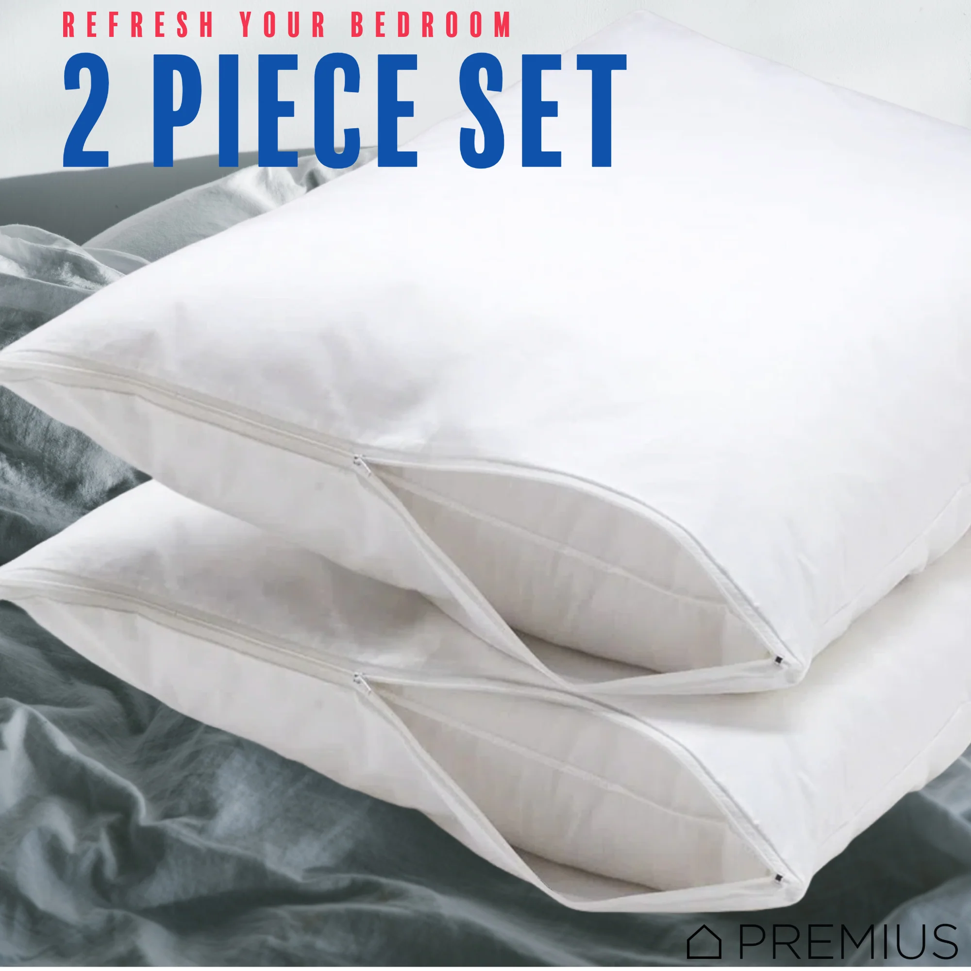 PREMIUS 2-Pack Bed Pillow Protector Encasement Cover with Zipper, White - Image 3