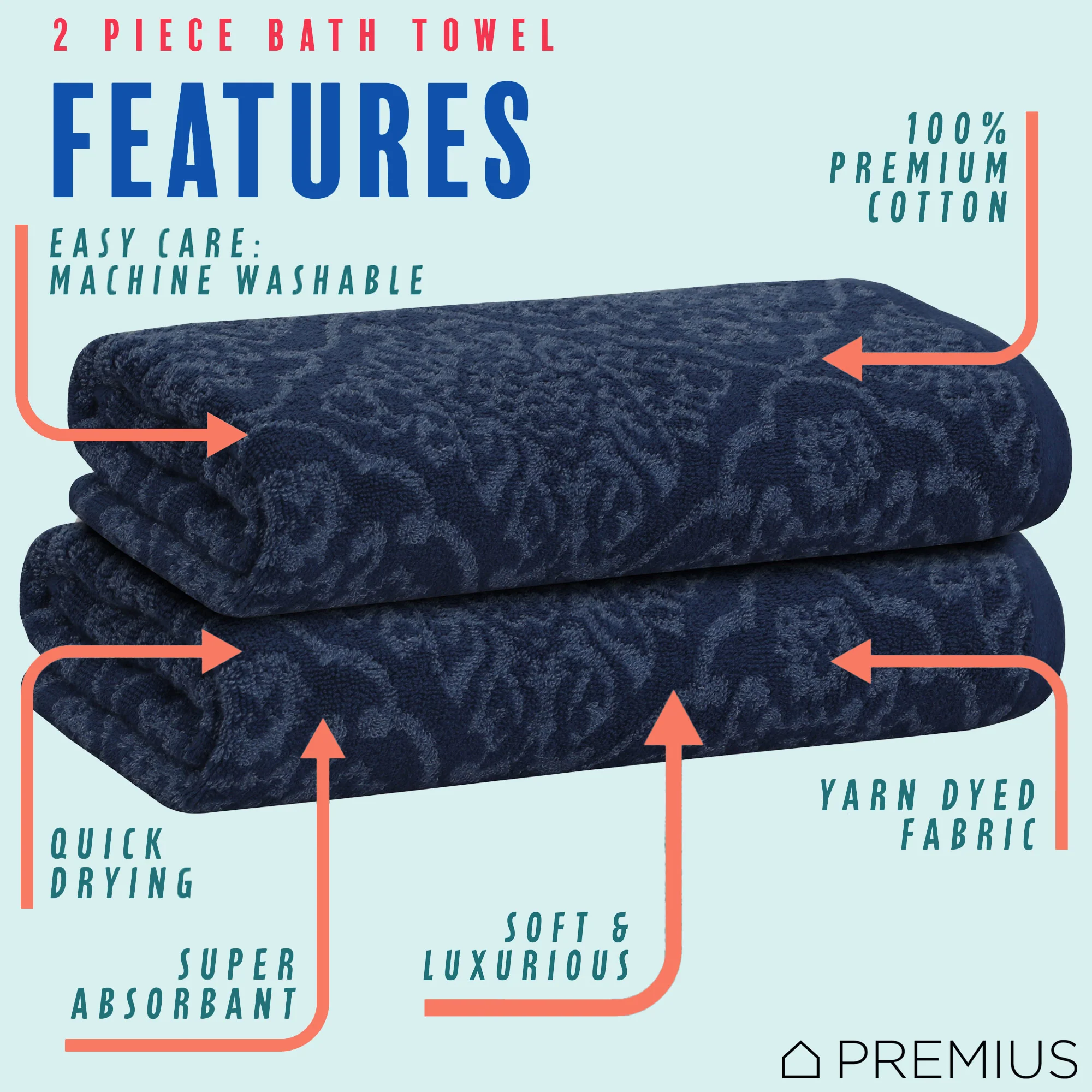 PREMIUS 2 Pack Damask 100% Cotton Yarn Dyed Bath Towel, 27x54 Inches - Image 21