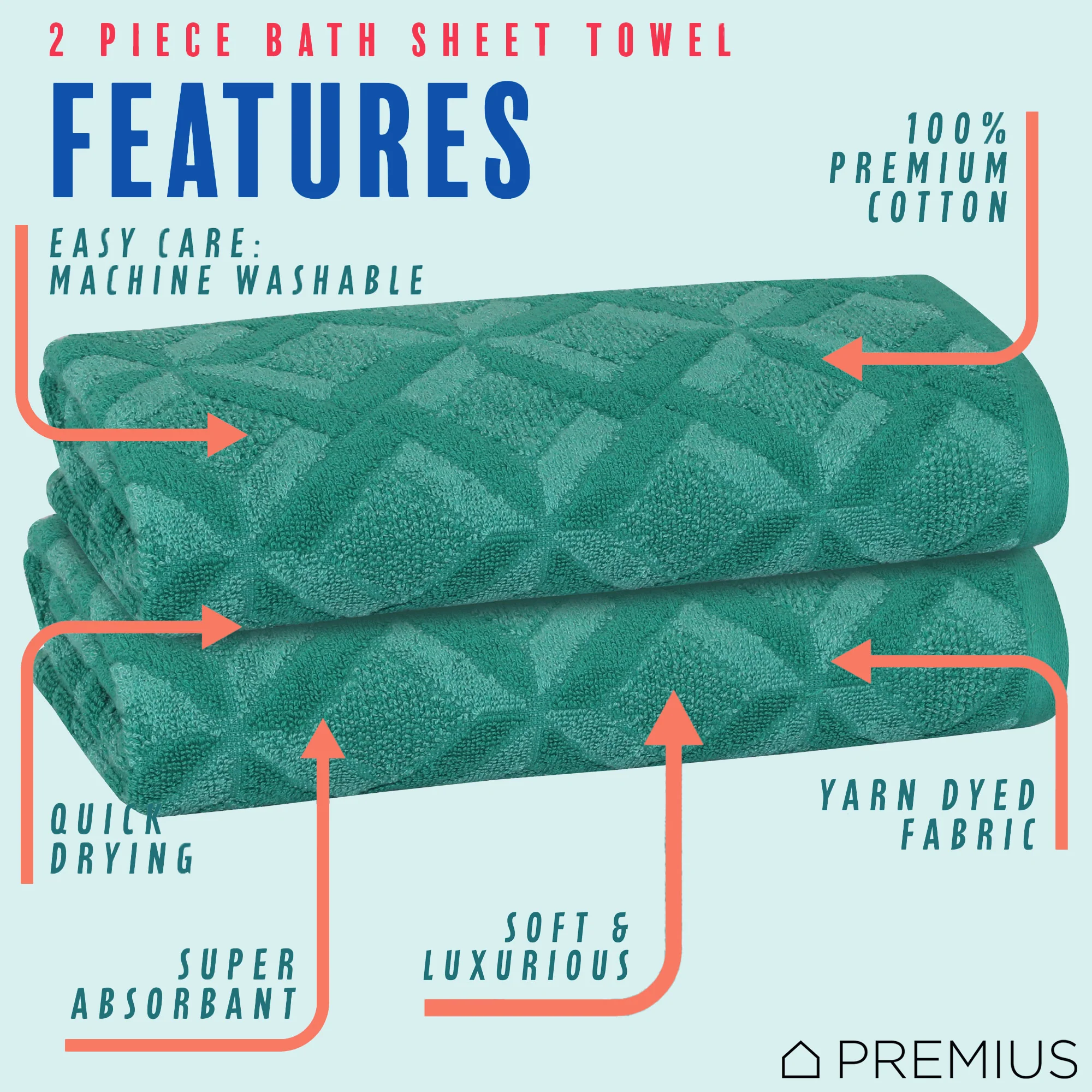 PREMIUS 2 Pack Geo 100% Cotton Yarn Dyed Bath Sheet Towel, 32x64 Inches - Image 2