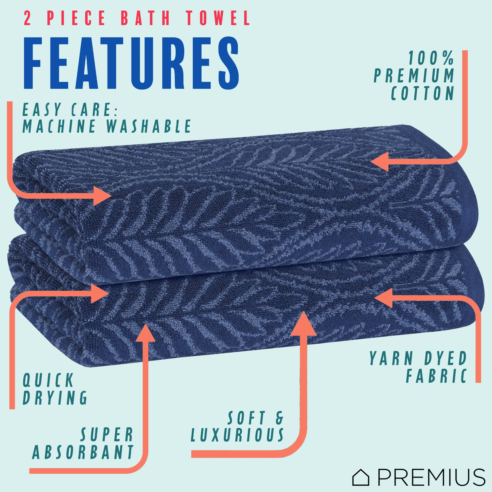 PREMIUS 2 Pack Leaf 100% Cotton Yarn Dyed Bath Towel, 27x54 Inches - Image 3