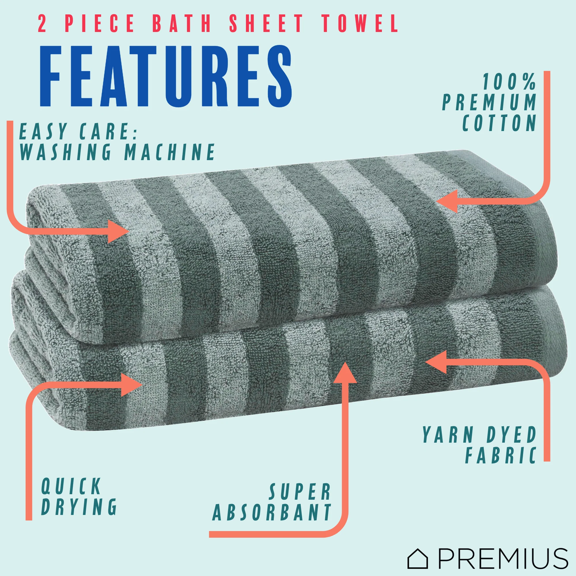PREMIUS 2 Pack Stripes 100% Cotton Yarn Dyed Bath Sheet Towel, 32x64 Inches - Image 3