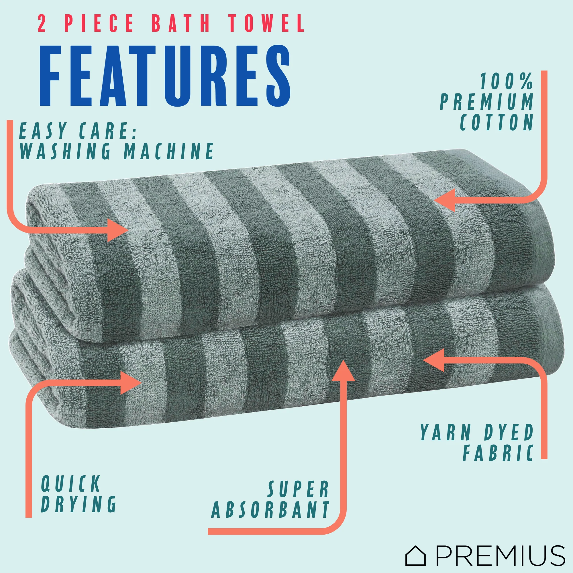 PREMIUS 2 Pack Stripes 100% Cotton Yarn Dyed Bath Towel, 27x54 Inches - Image 3