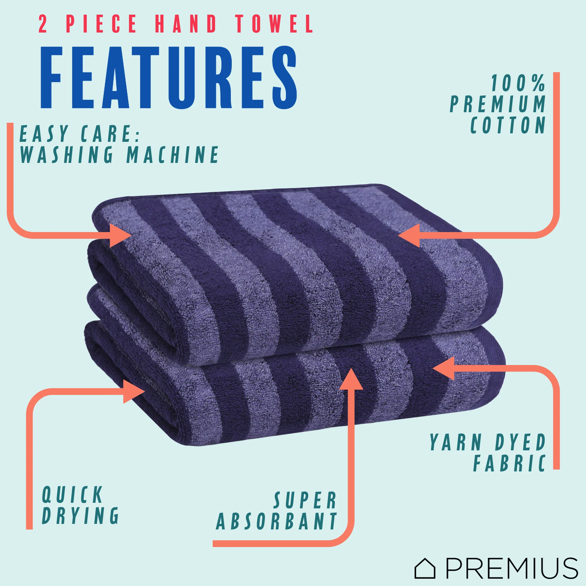 PREMIUS 2 Pack Stripes 100% Cotton Yarn Dyed Hand Towel, 16x28 Inches - Image 25