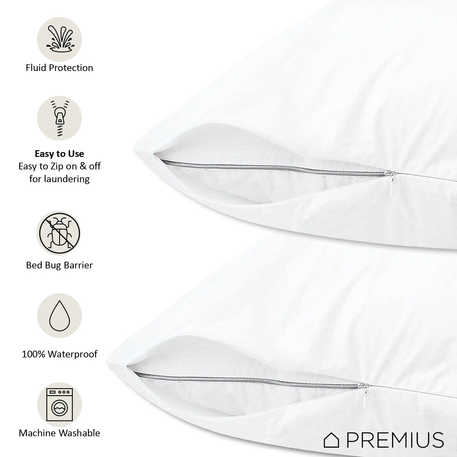 Premius 2 Pack Zippered Waterproof Pillow Protector, White - Image 2