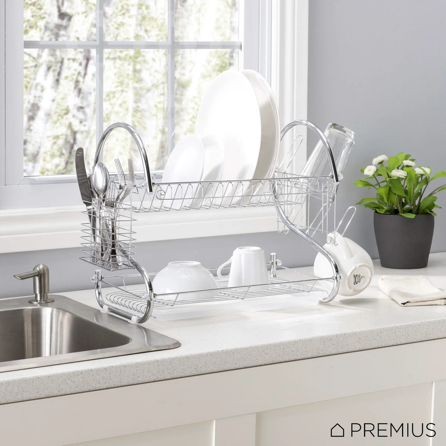 Premius 2-Tier Chrome Finish S-Shape Dish Rack With Removable Drainage Tray and Cutlery Holder, 16x9.75x15 Inches - Image 6