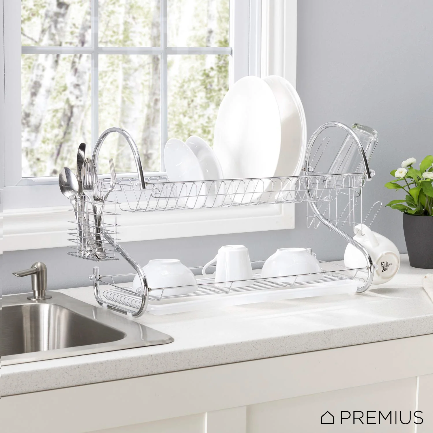Premius 2-Tier S-Shape Dish Rack With Drainage Tray and Cutlery Holder, Chrome, 22x9.75x15 Inches - Image 6