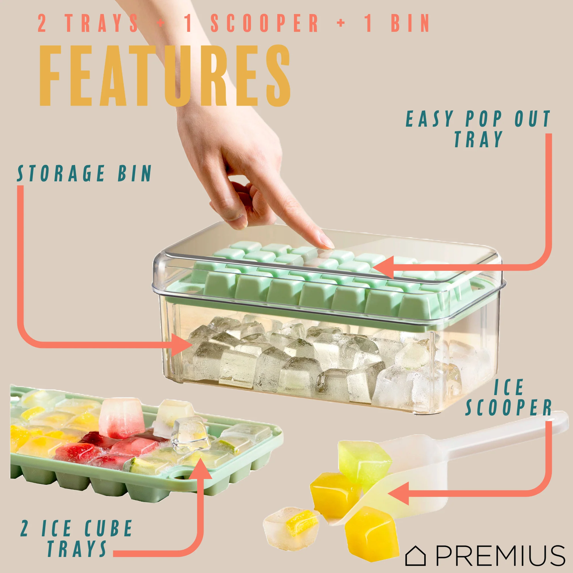 PREMIUS 2 Tray Ice Cube Tray with Container and Scoop, Green-Clear - Image 2