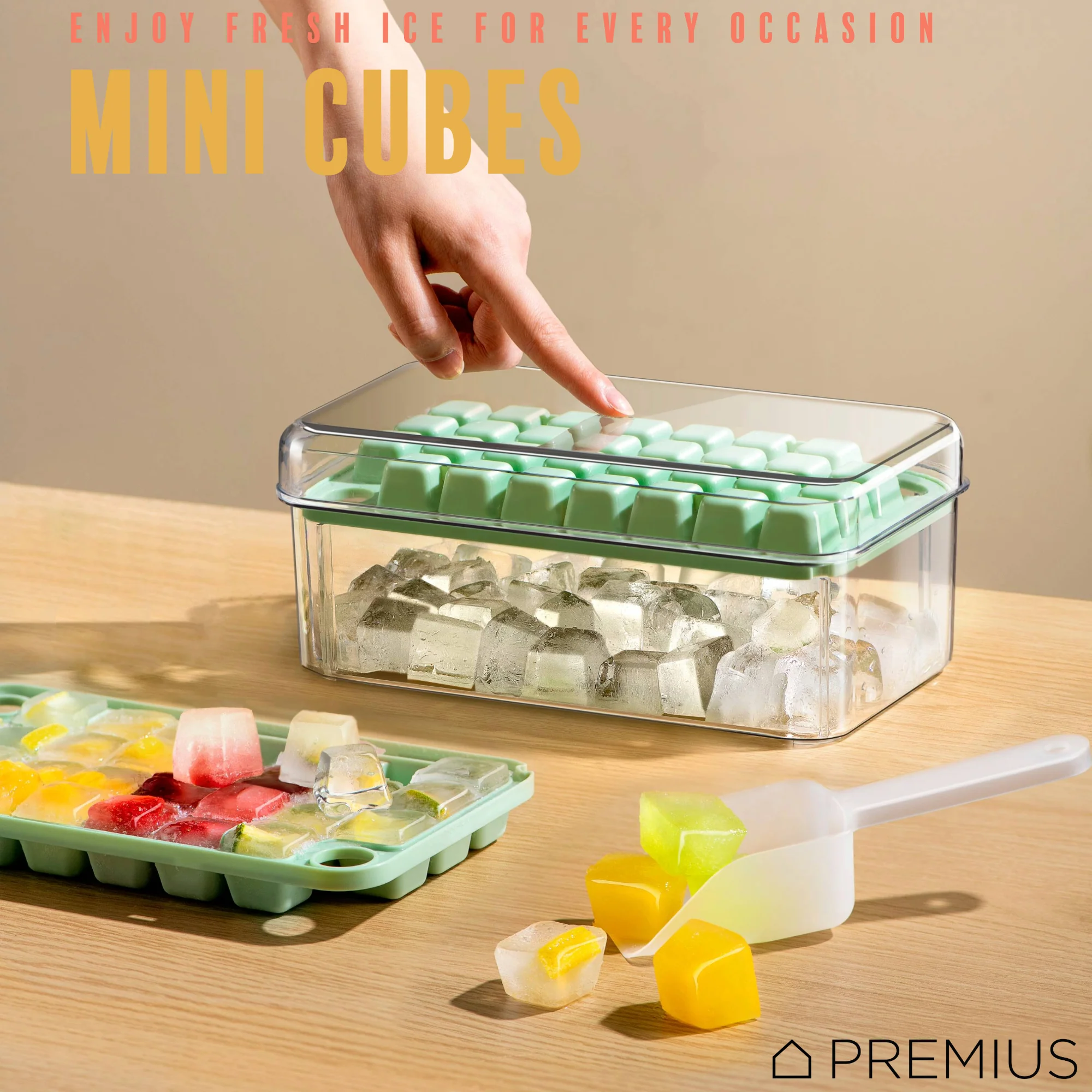 PREMIUS 2 Tray Ice Cube Tray with Container and Scoop, Green-Clear - Image 3