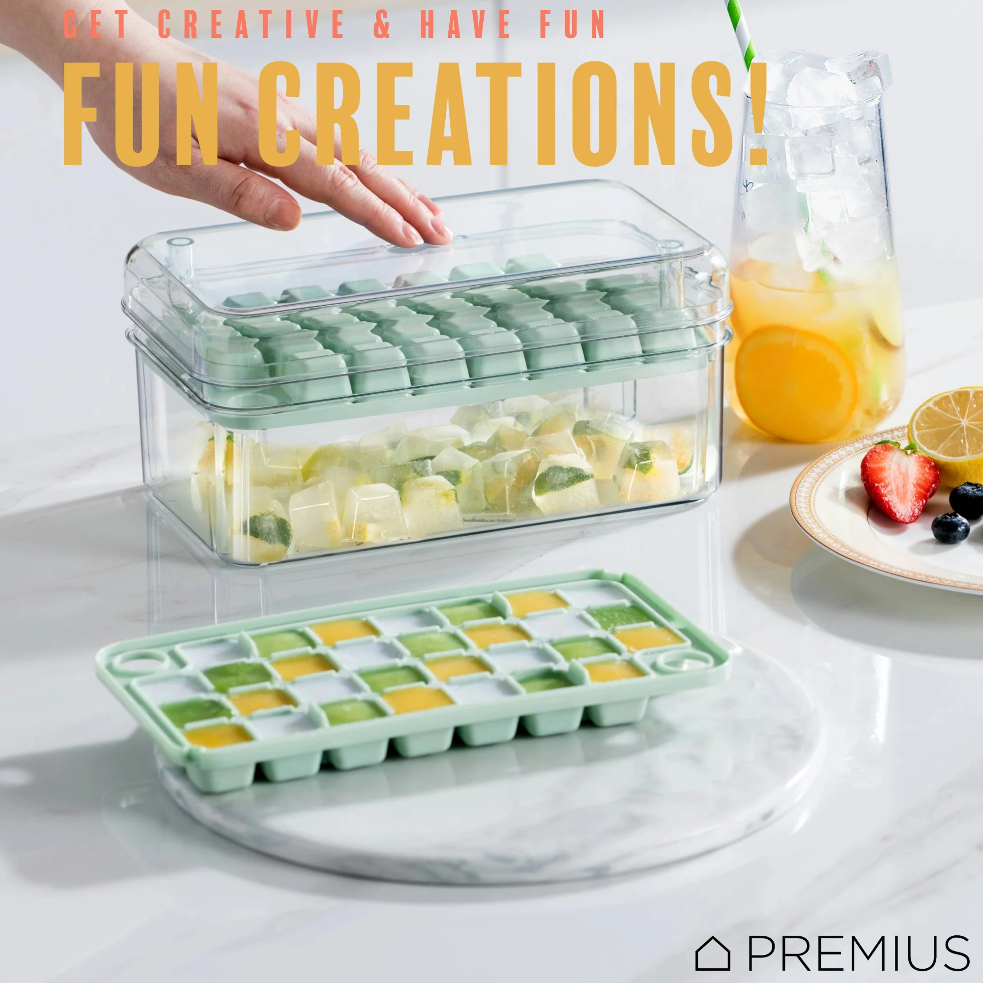 PREMIUS 2 Tray Ice Cube Tray with Container and Scoop, Green-Clear - Image 4