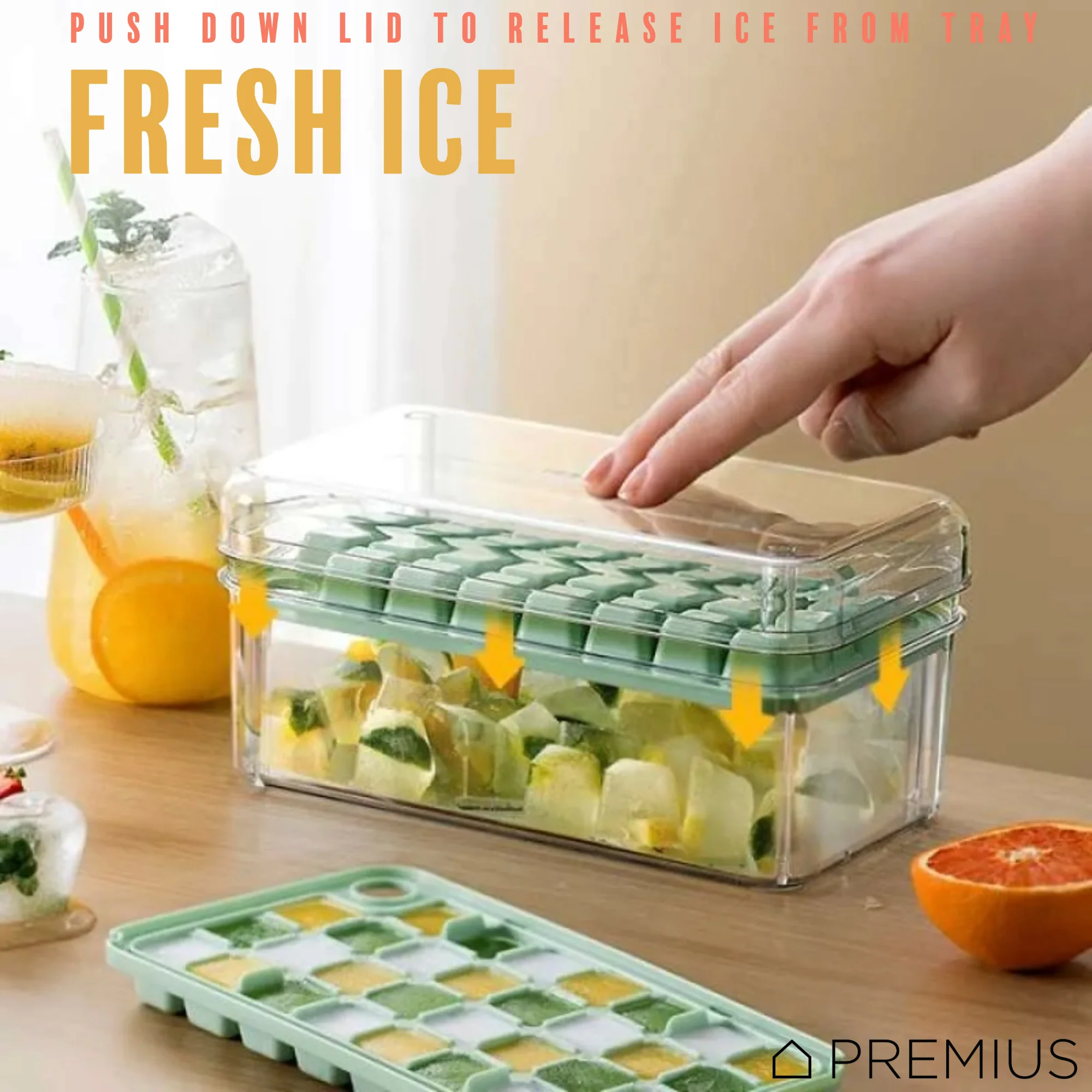 PREMIUS 2 Tray Ice Cube Tray with Container and Scoop, Green-Clear - Image 6