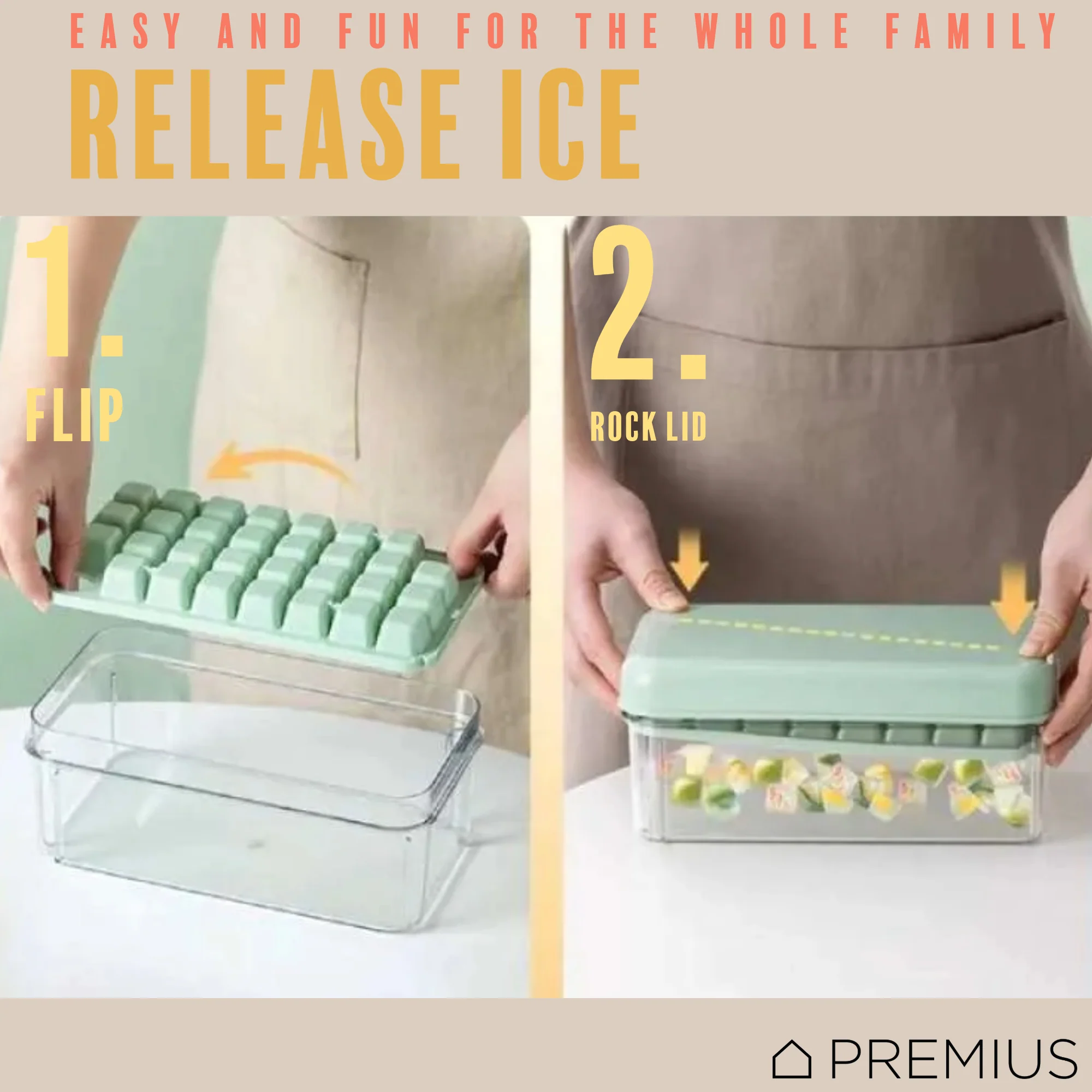 PREMIUS 2 Tray Ice Cube Tray with Container and Scoop, Green-Clear - Image 7