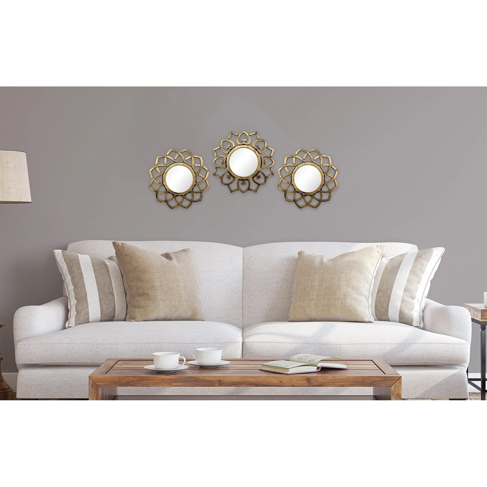PREMIUS 3-Piece Brushed Gold Mirror Set Wall Decor Scroll, Antique Gold, 30x10 Inches - Image 2