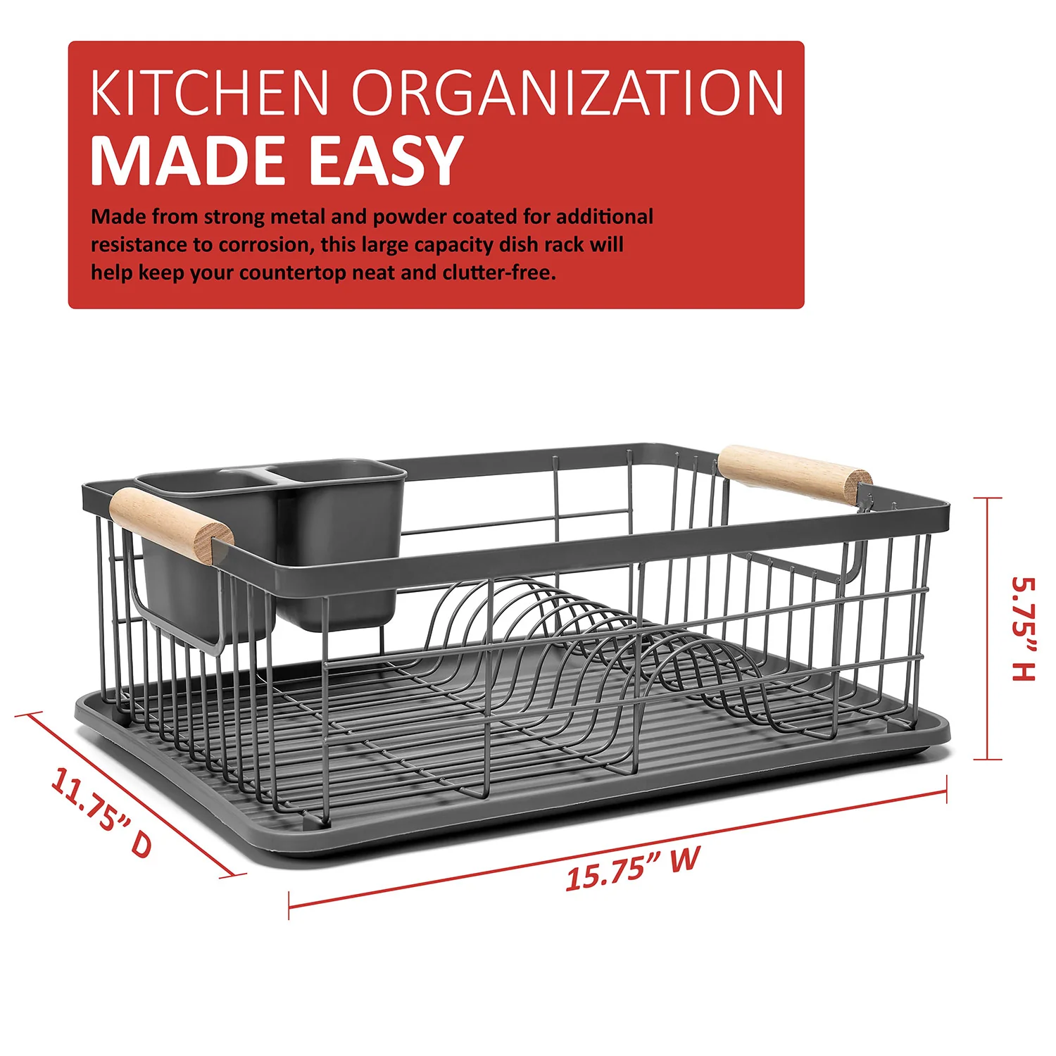 Premius 3 Piece Dish Rack With Bamboo Handles, Grey, 16.9x12.6x4.3 Inches - Image 3