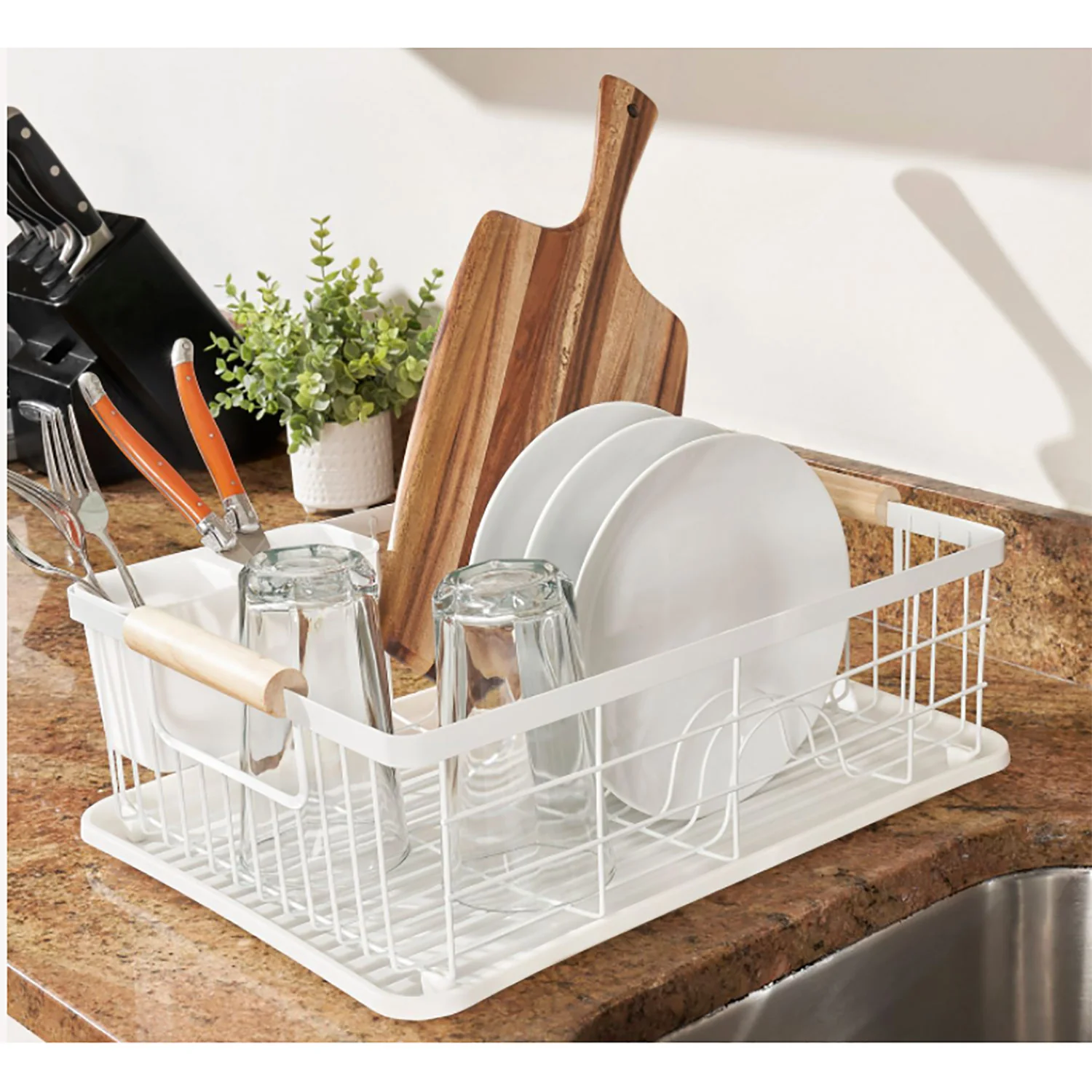 Premius 3 Piece Dish Rack With Bamboo Handles, White, 16.9x12.6x4.3 Inches - Image 5